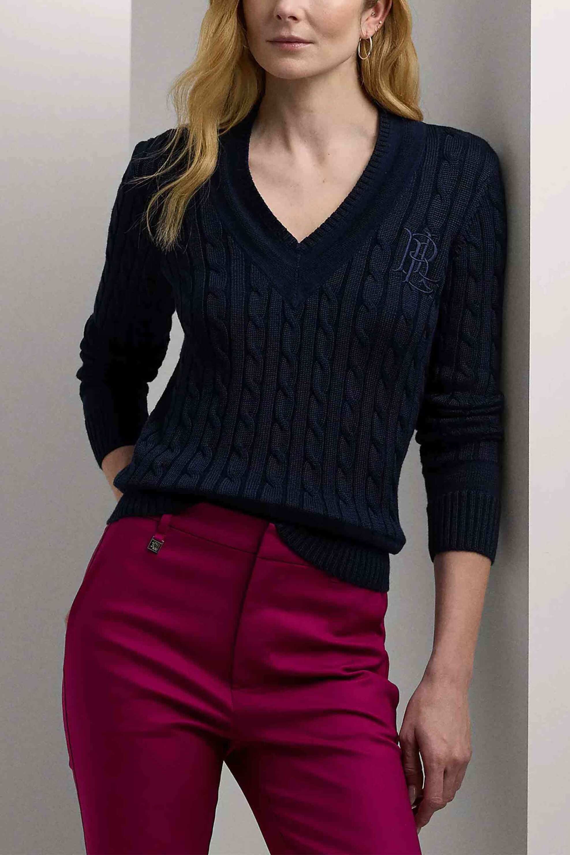 LAUREN RALPH LAUREN Lauren Ralph Lauren γυναικείο πουλόβερ με cable knit pattern και κεντημένο λογότυπο Relaxed Fit - 200888795008 Μπλε Σκούρο