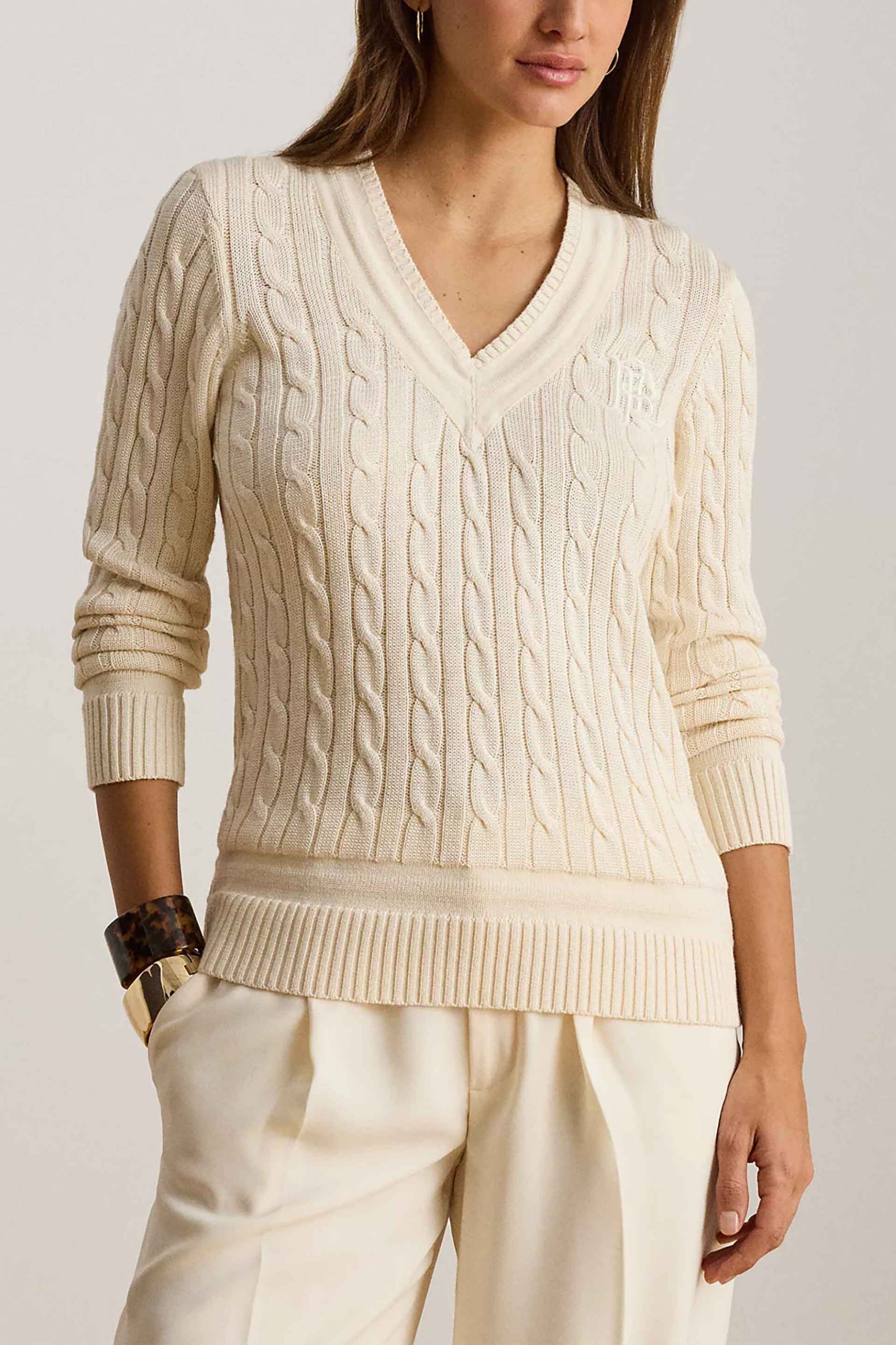 LAUREN RALPH LAUREN Lauren Ralph Lauren γυναικείο πουλόβερ με cable knit pattern Relaxed Fit - 200888795011 Κρέμ