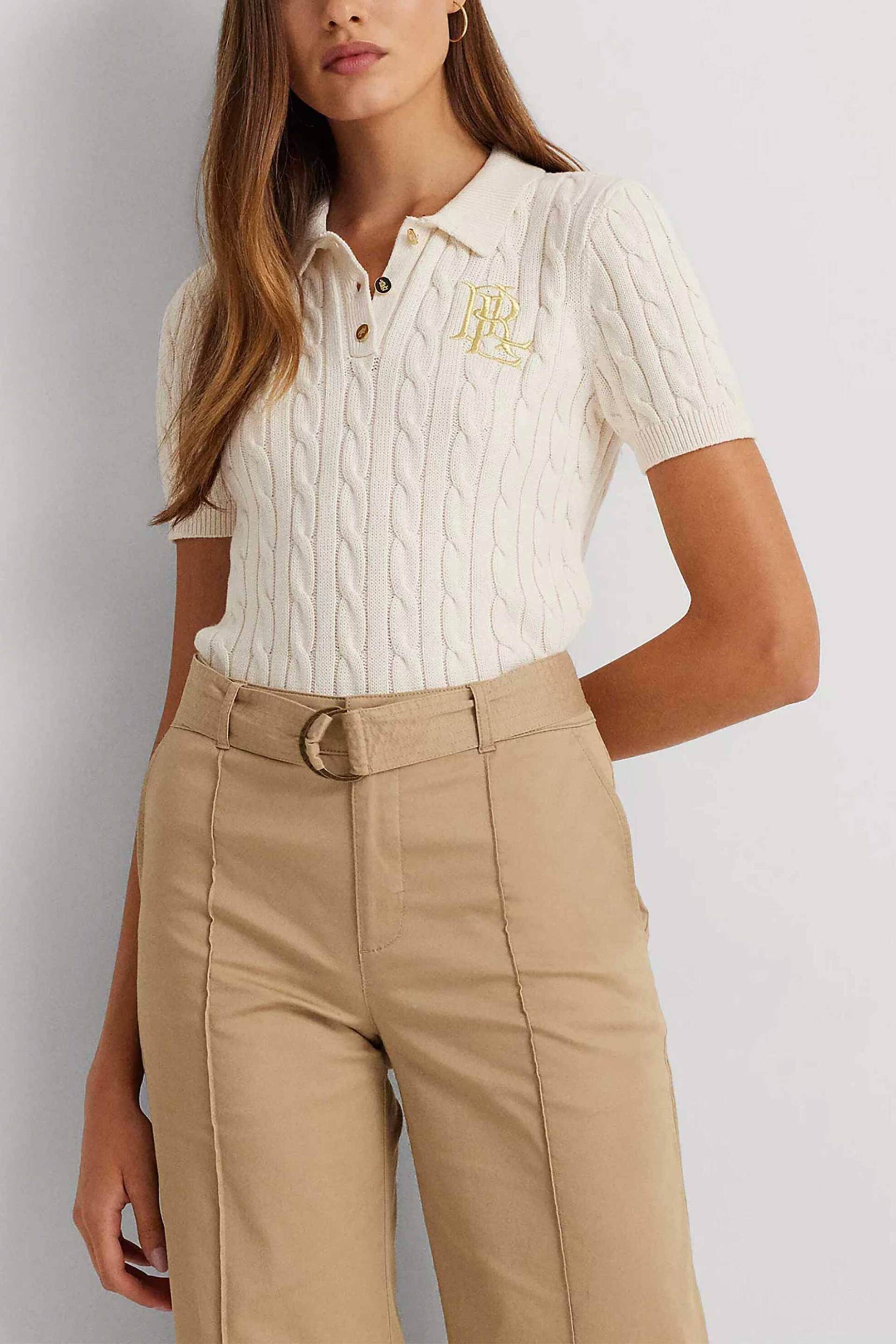 Lauren Ralph Lauren γυναικείο πλεκτό πουλόβερ μονόχρωμο βαμβακερό με πόλο γιακά και ανάγλυφα σχέδια - 200932224001 Κρέμ