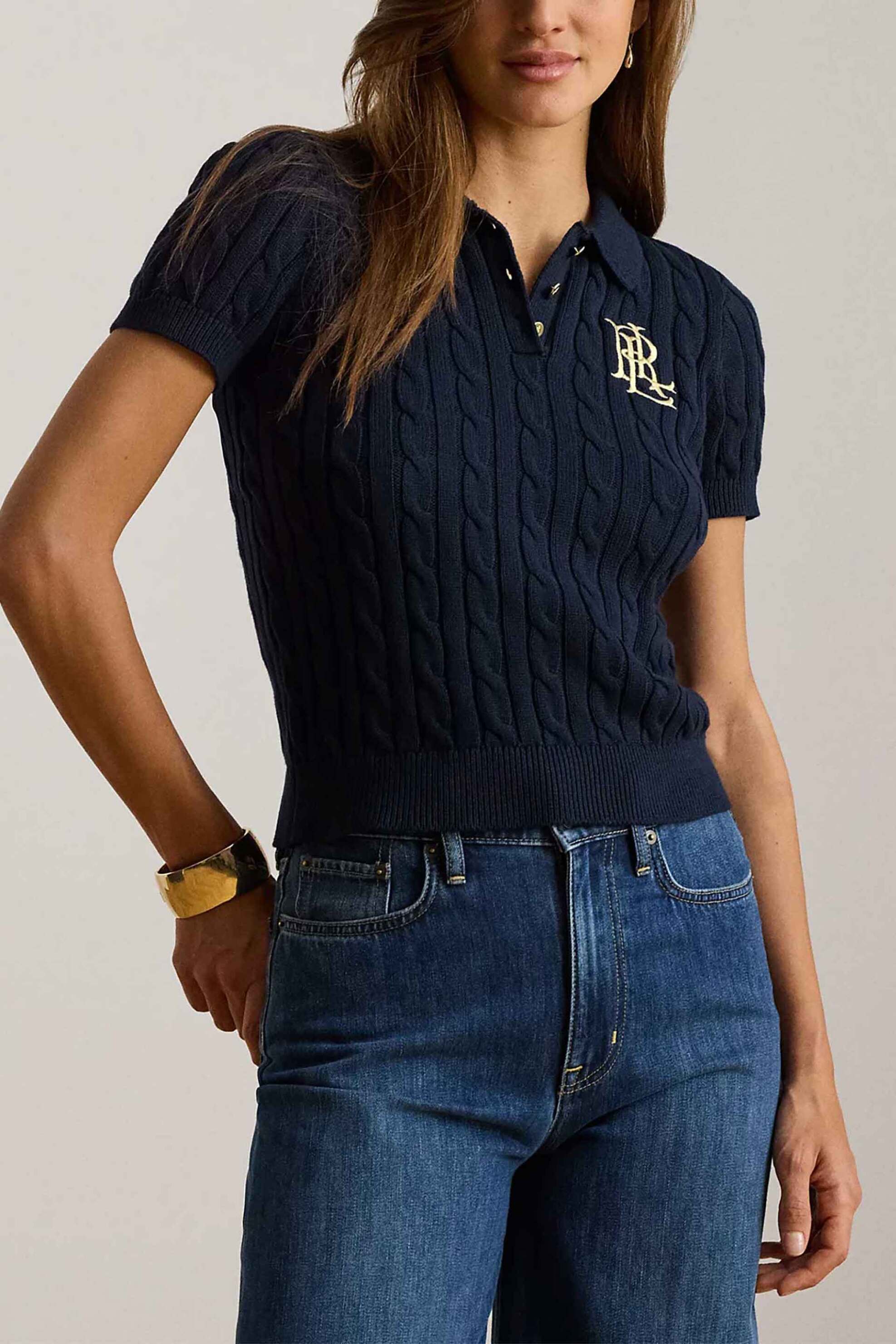 Lauren Ralph Lauren γυναικεία πλεκτή μπλούζα πόλο με cable knit pattern και κεντημένο monogram Slim Fit - 200932224002 Μπλε Σκούρο