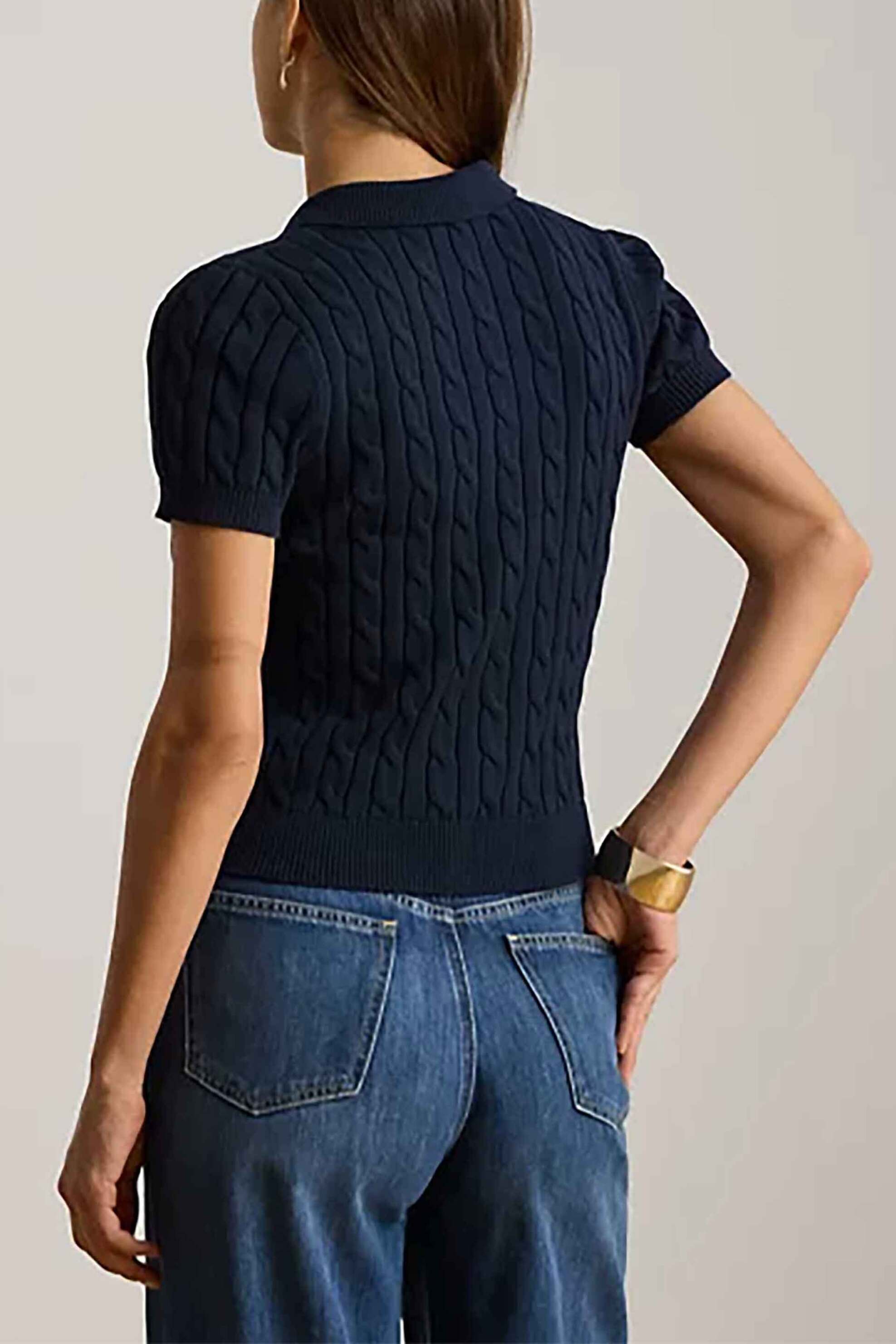 Lauren Ralph Γυναικεία Πλεκτή Μπλούζα Πόλο με Cable Knit Pattern Και Κεντημένο Monogram Slim Fit - 200932224002 Μπλε Σκούρο