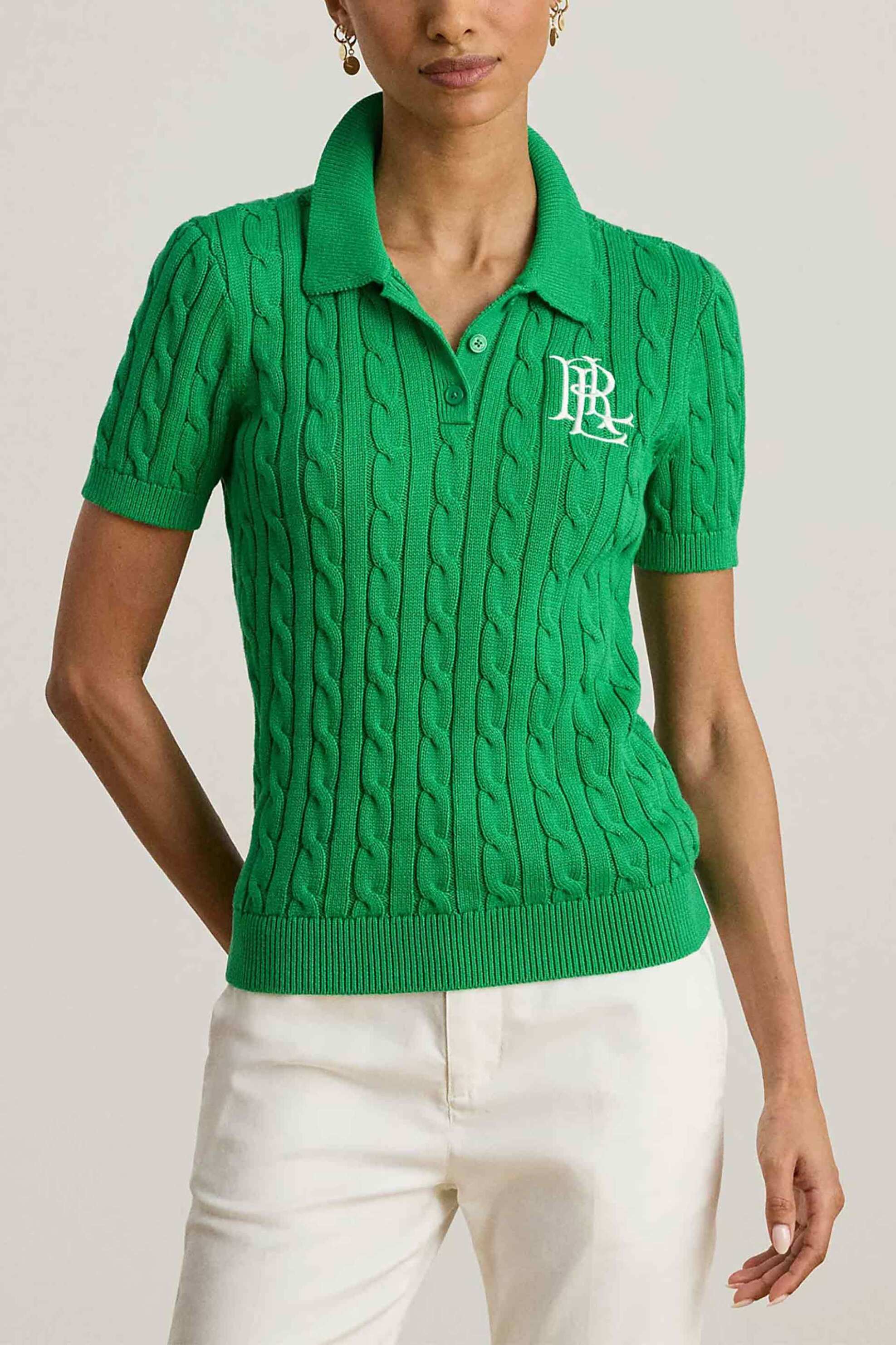 Lauren Ralph Lauren γυναικεία πλεκτή μπλούζα πόλο με cable knit pattern και κεντημένο monogram Slim Fit - 200932224015 Πράσινο