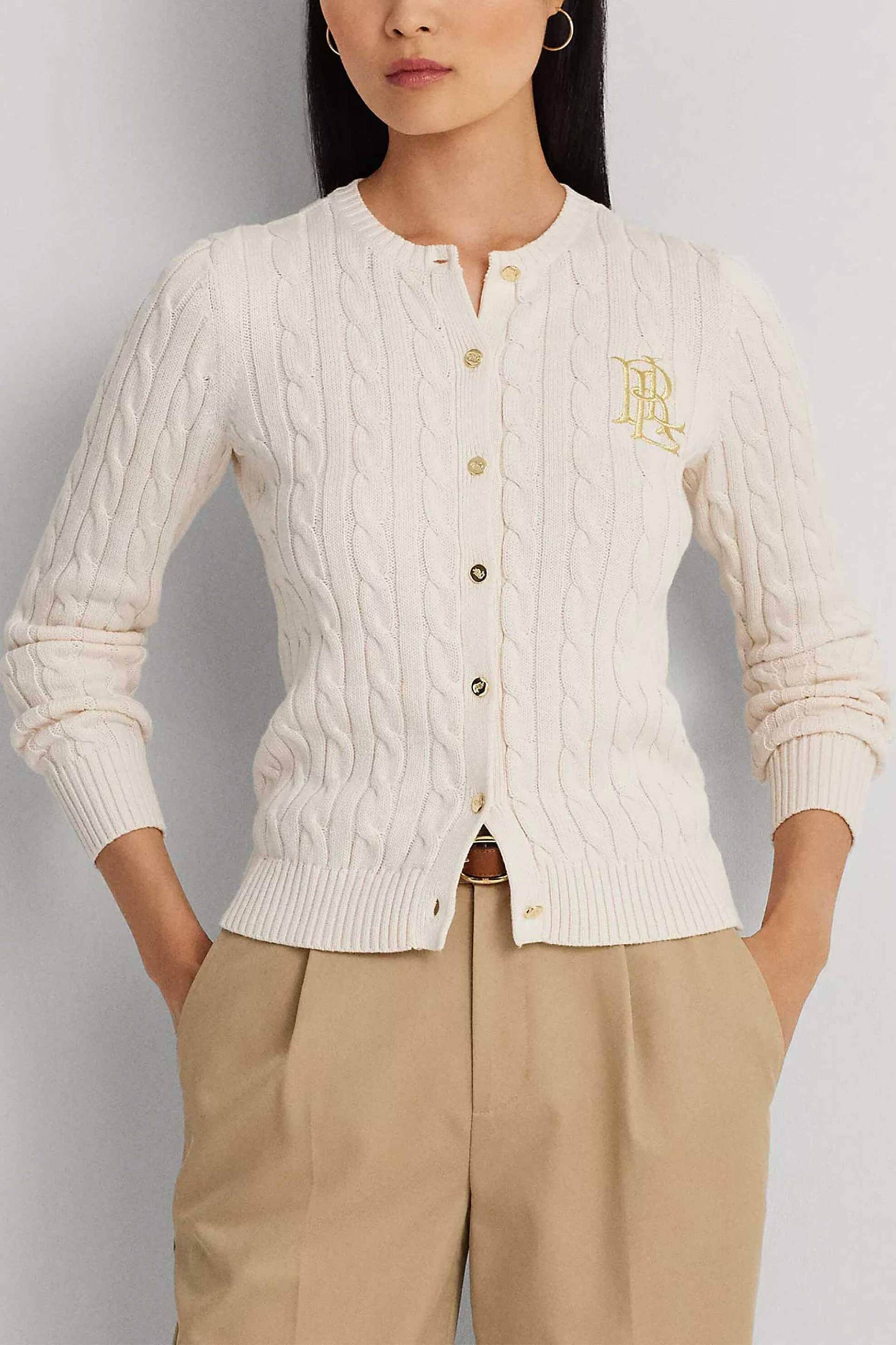 LAUREN RALPH LAUREN Lauren Ralph Lauren γυναικεία πλεκτή ζακέτα μονόχρωμη με all-over ανάγλυφο σχέδιο και μονόγραμμα - 200932225001 Κρέμ 2025