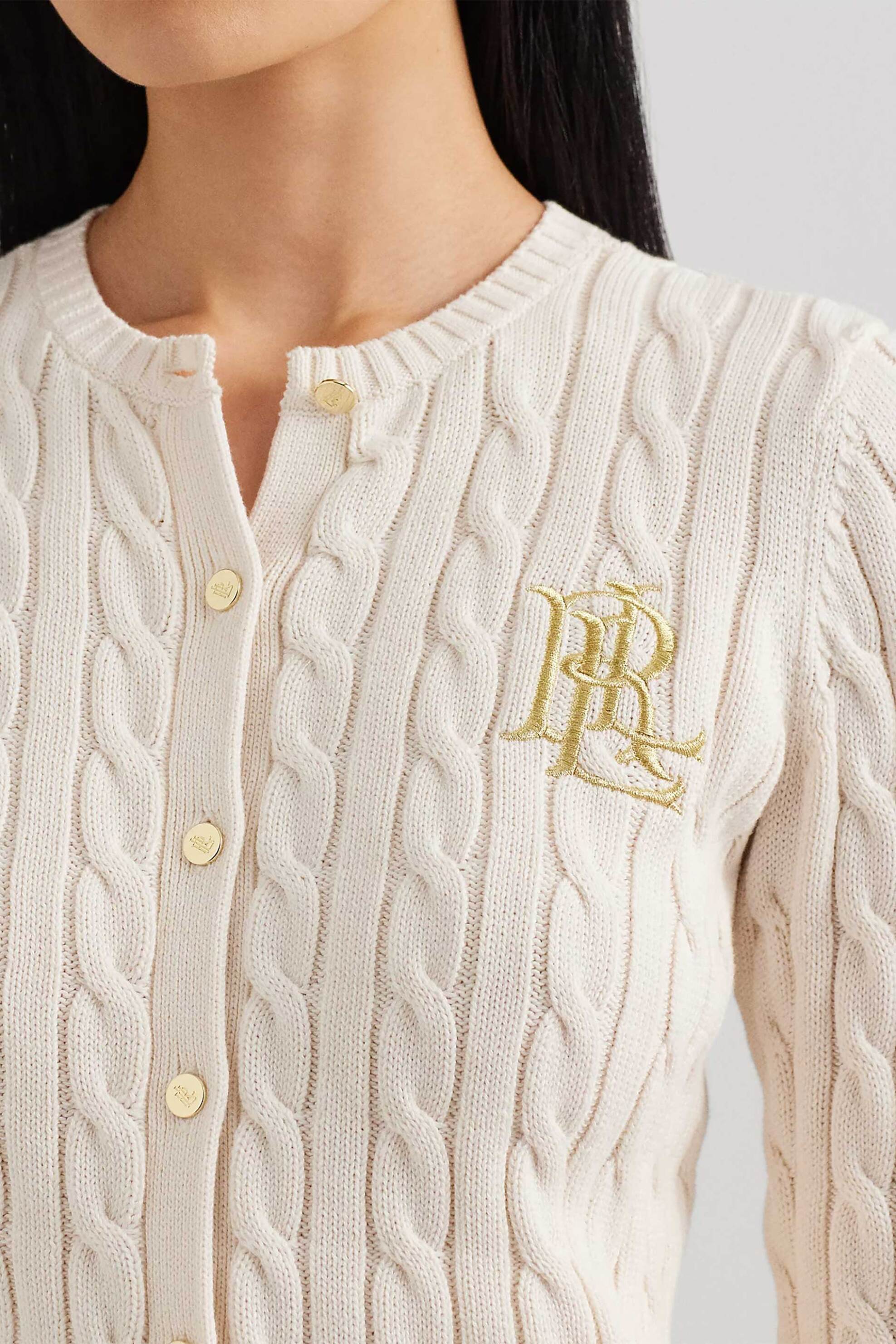 Lauren Ralph Lauren γυναικεία πλεκτή ζακέτα μονόχρωμη με all-over ανάγλυφο σχέδιο και μονόγραμμα - 200932225001 Κρέμ φωτογραφία