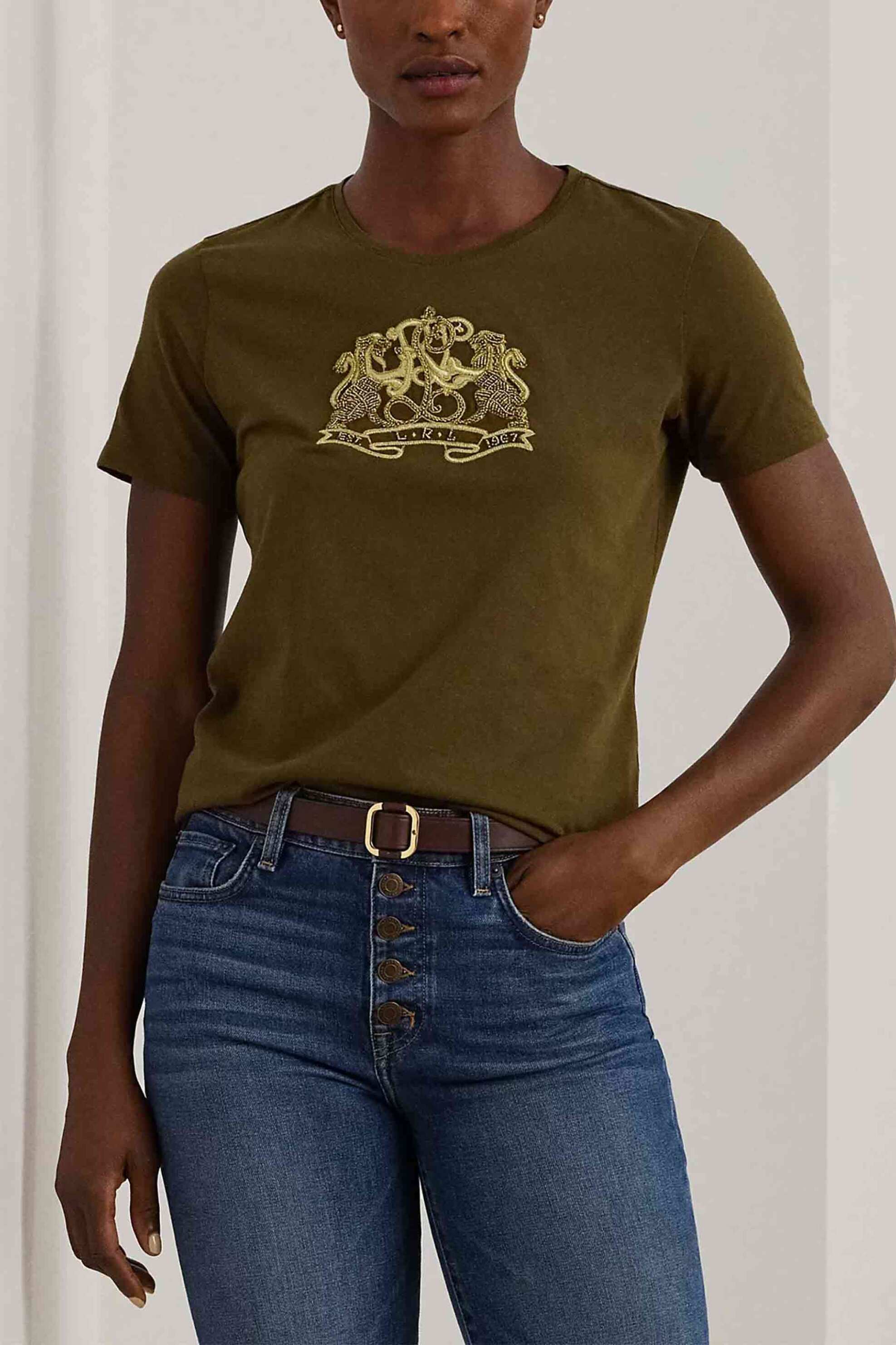 LAUREN RALPH LAUREN Lauren Ralph Lauren γυναικείο T-shirt με κέντημα Lion-Crest - 200951368001 Λαδί