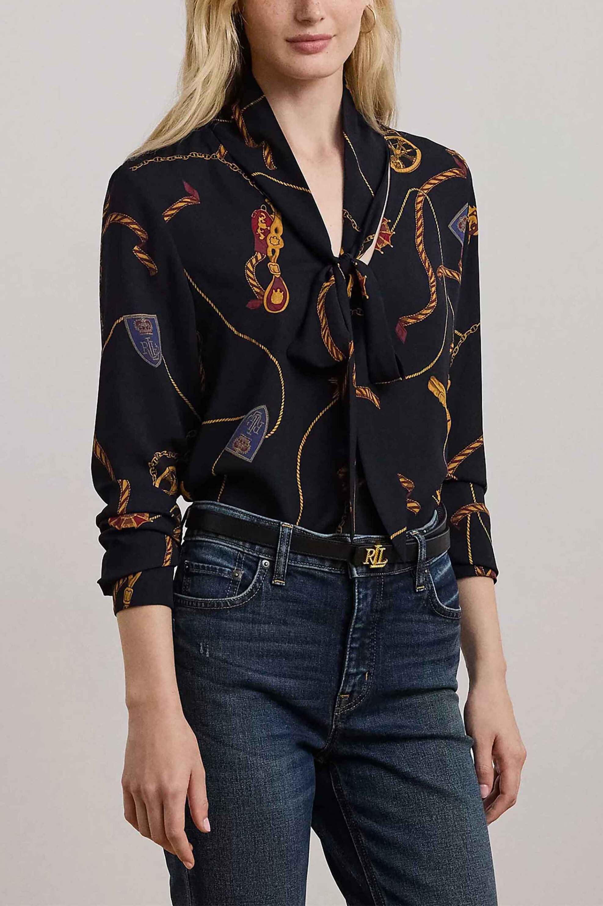 Lauren Ralph Lauren γυναικεία μπλούζα με V και print Relaxed Fit - 200957153001 Μαύρο
