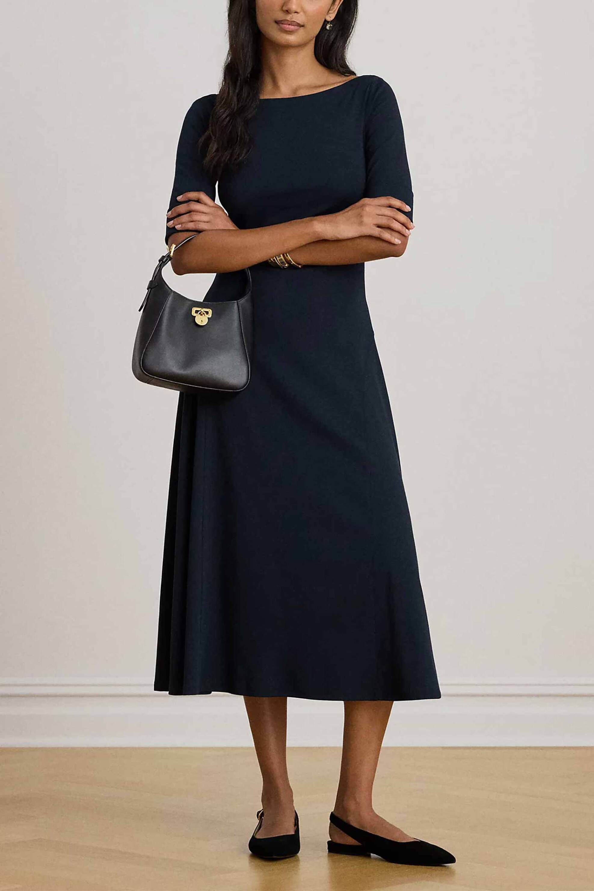 Lauren Ralph Lauren γυναικείο midi φόρεμα με boat λαιμόκοψη Fit & Flared - 200973599002 Μπλε Σκούρο