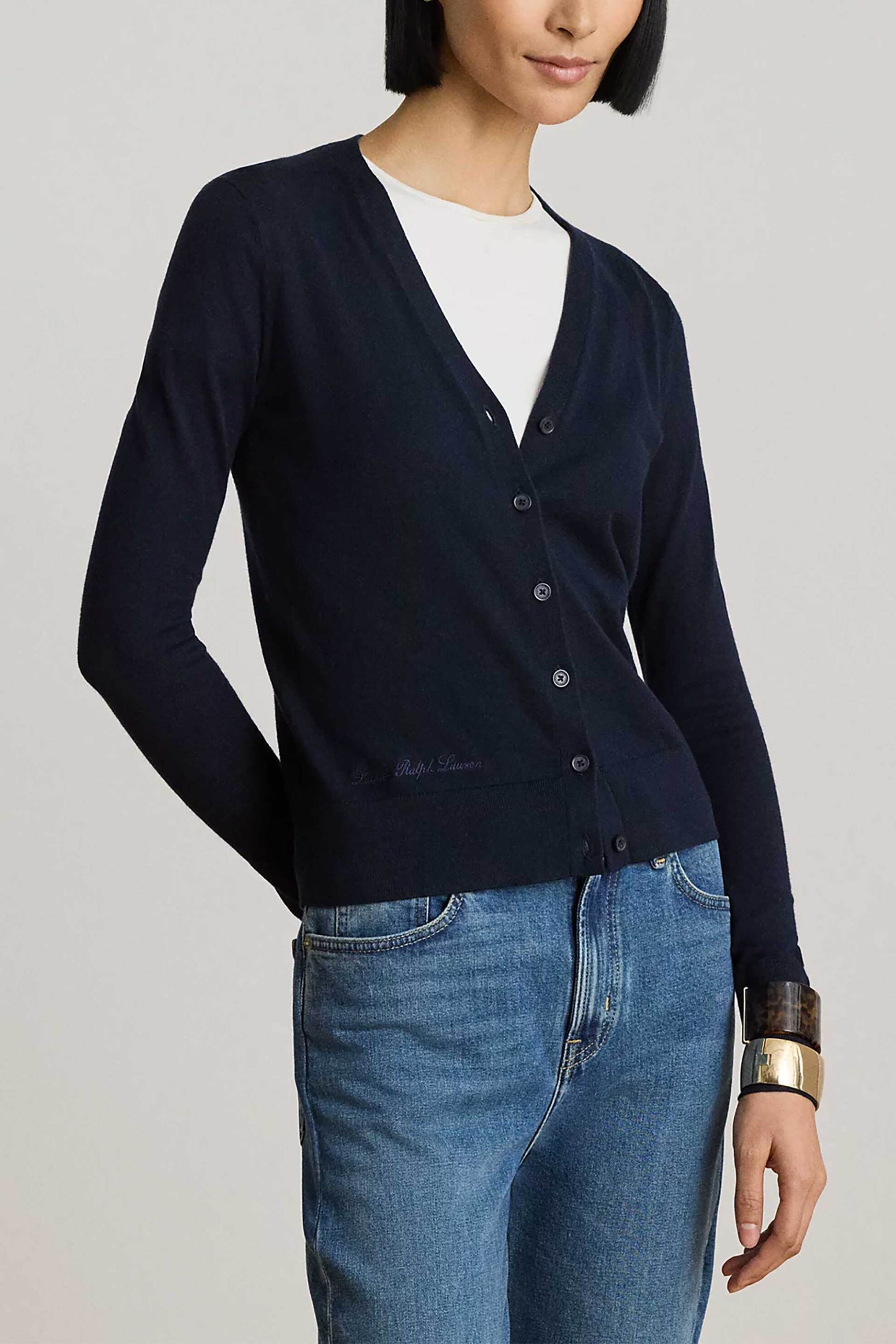 LAUREN RALPH LAUREN Lauren Ralph Lauren γυναικεία ζακέτα πλεκτή με κεντημένο λογότυπο - 200B22260001 Μπλε Σκούρο