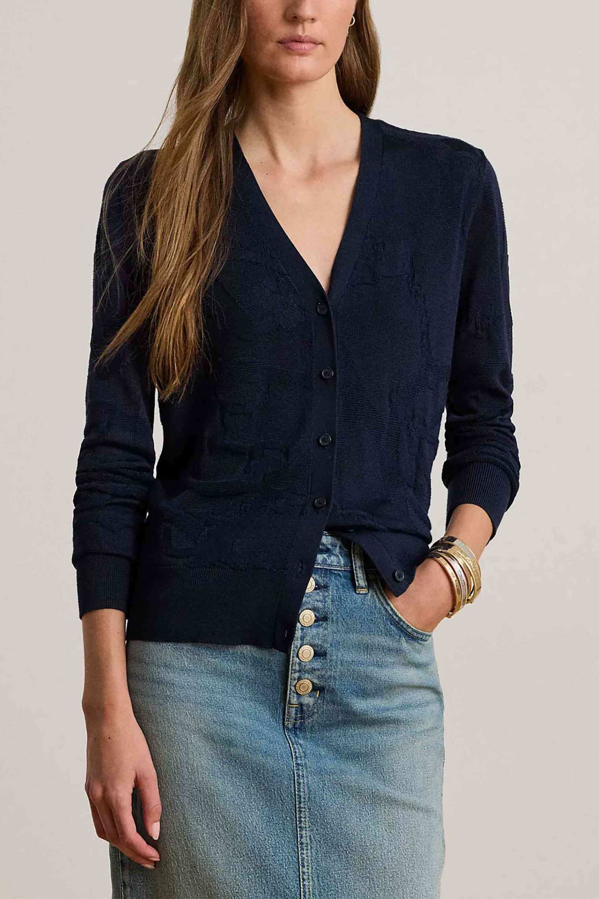 Lauren Ralph Lauren γυναικεία πλεκτή ζακέτα με ανάγλυφο σχέδιο Slim Fit - 200P03476002 Μπλε Σκούρο