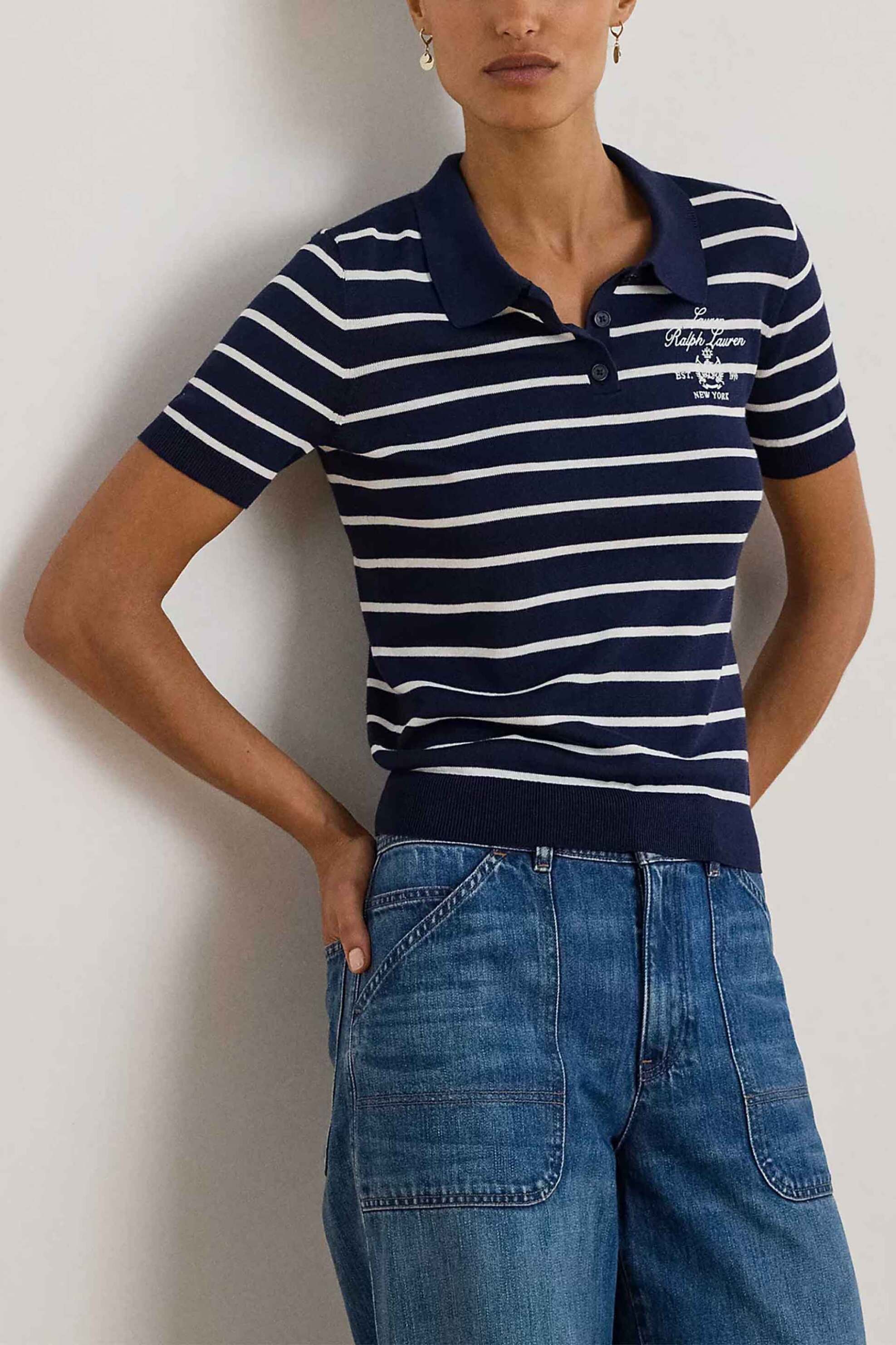 Lauren Ralph Lauren γυναικεία πλεκτή μπλούζα πόλο με ριγέ σχέδιο και κεντημένο λογότυπο Slim Fit - 200P03506002 Μπλε Σκούρο