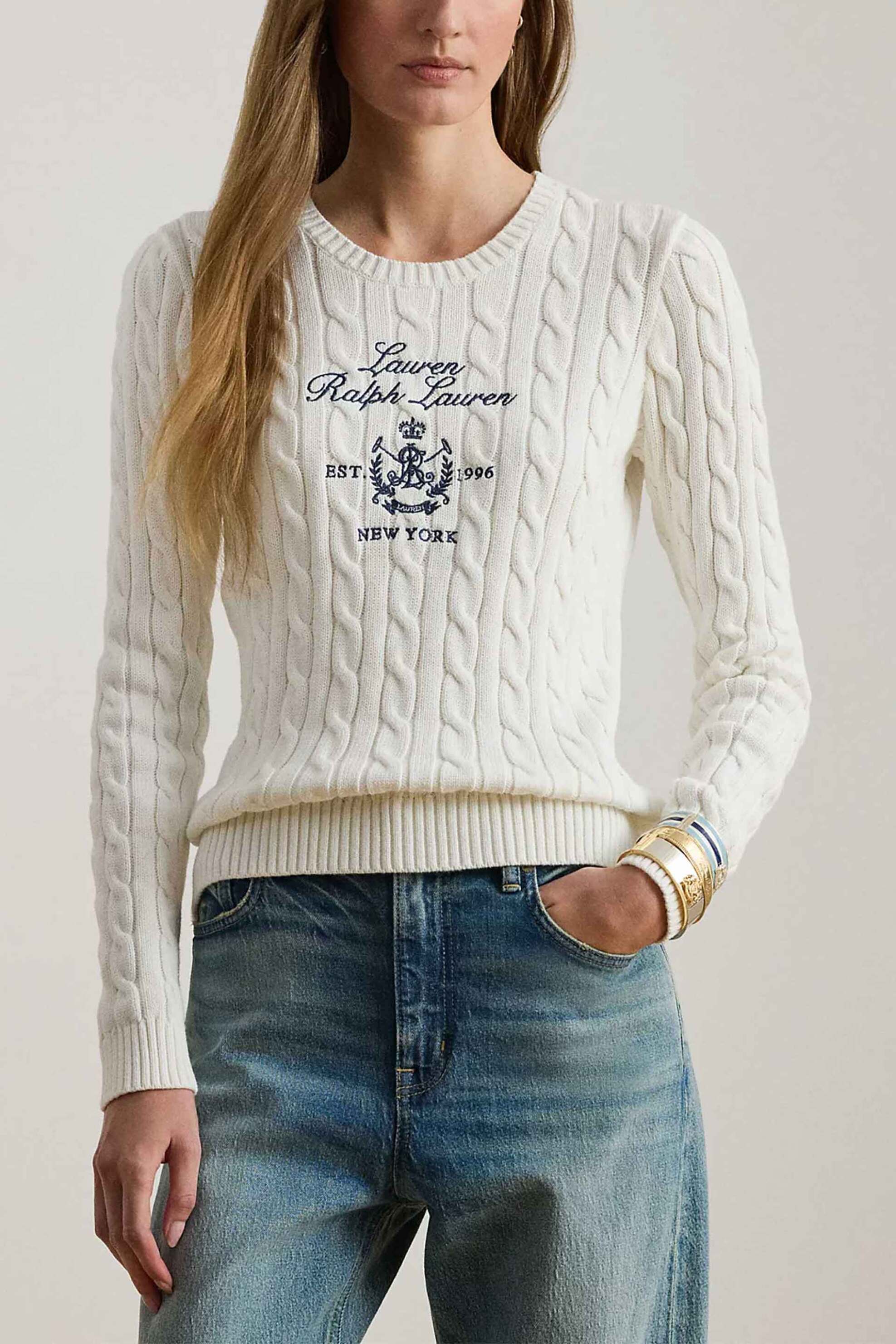 Lauren Ralph Lauren γυναικείο πουλόβερ με cable knit pattern και κεντημένο λογότυπο Slim Fit - 200P03508003 Λευκό