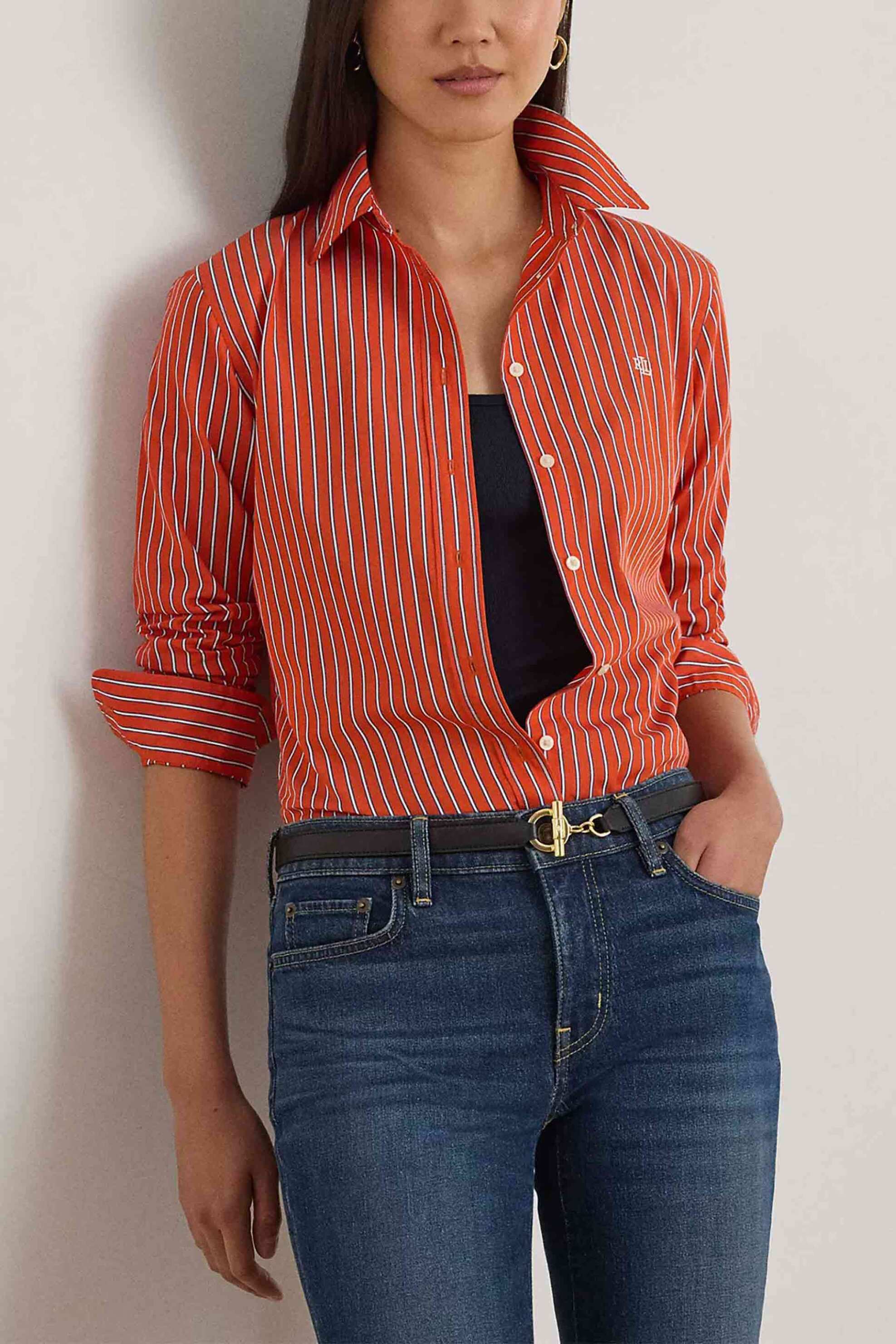 Lauren Ralph Lauren γυναικείο πουκάμισο με ριγέ σχέδιο και κεντημένο monogram Classic Fit - 200P03511001 Πορτοκαλί