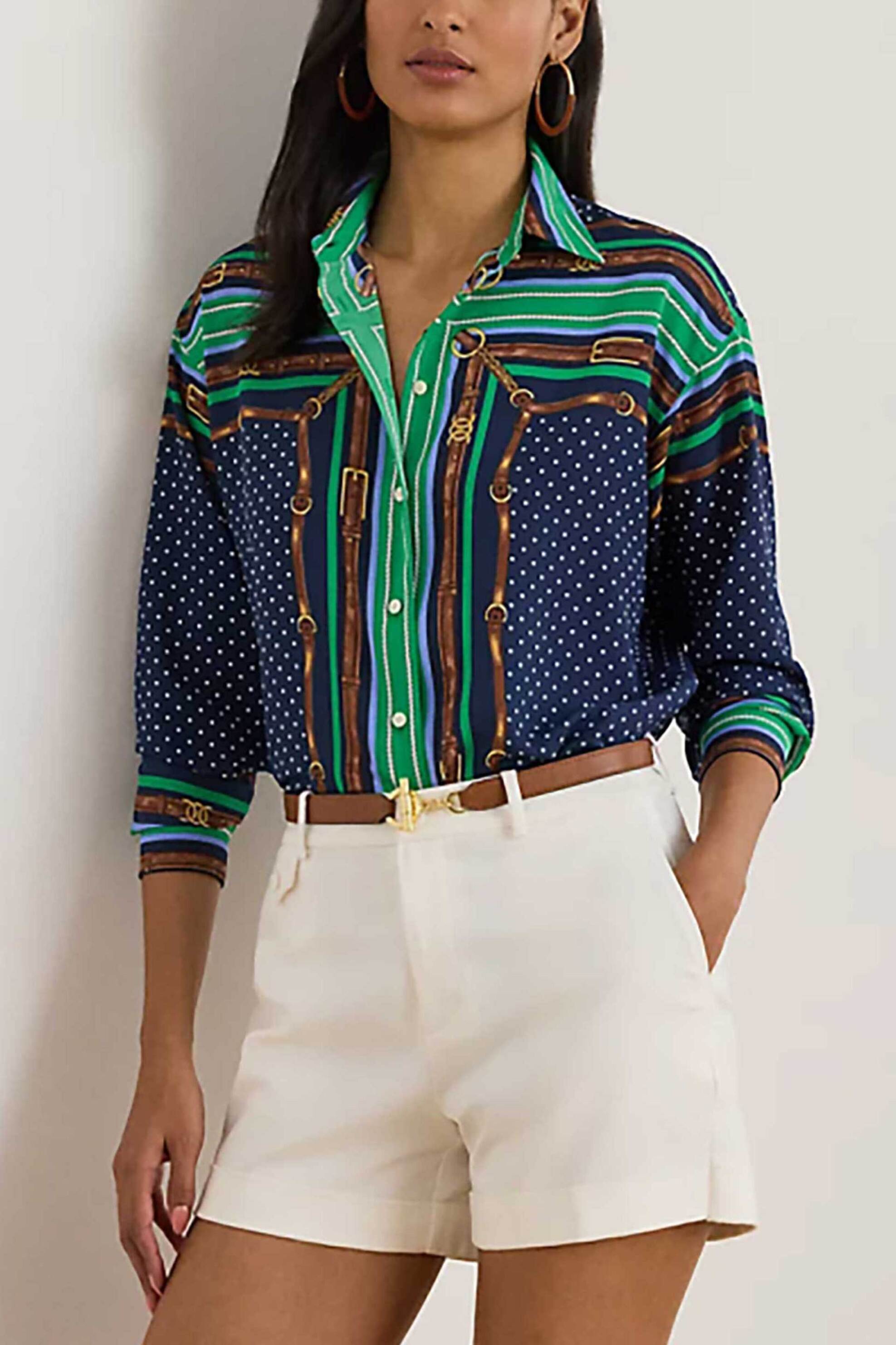 Lauren Ralph Lauren γυναικείο πουκάμισο colour-blocked με all-over print Classic Fit - 200P03687001 Μπλε Σκούρο