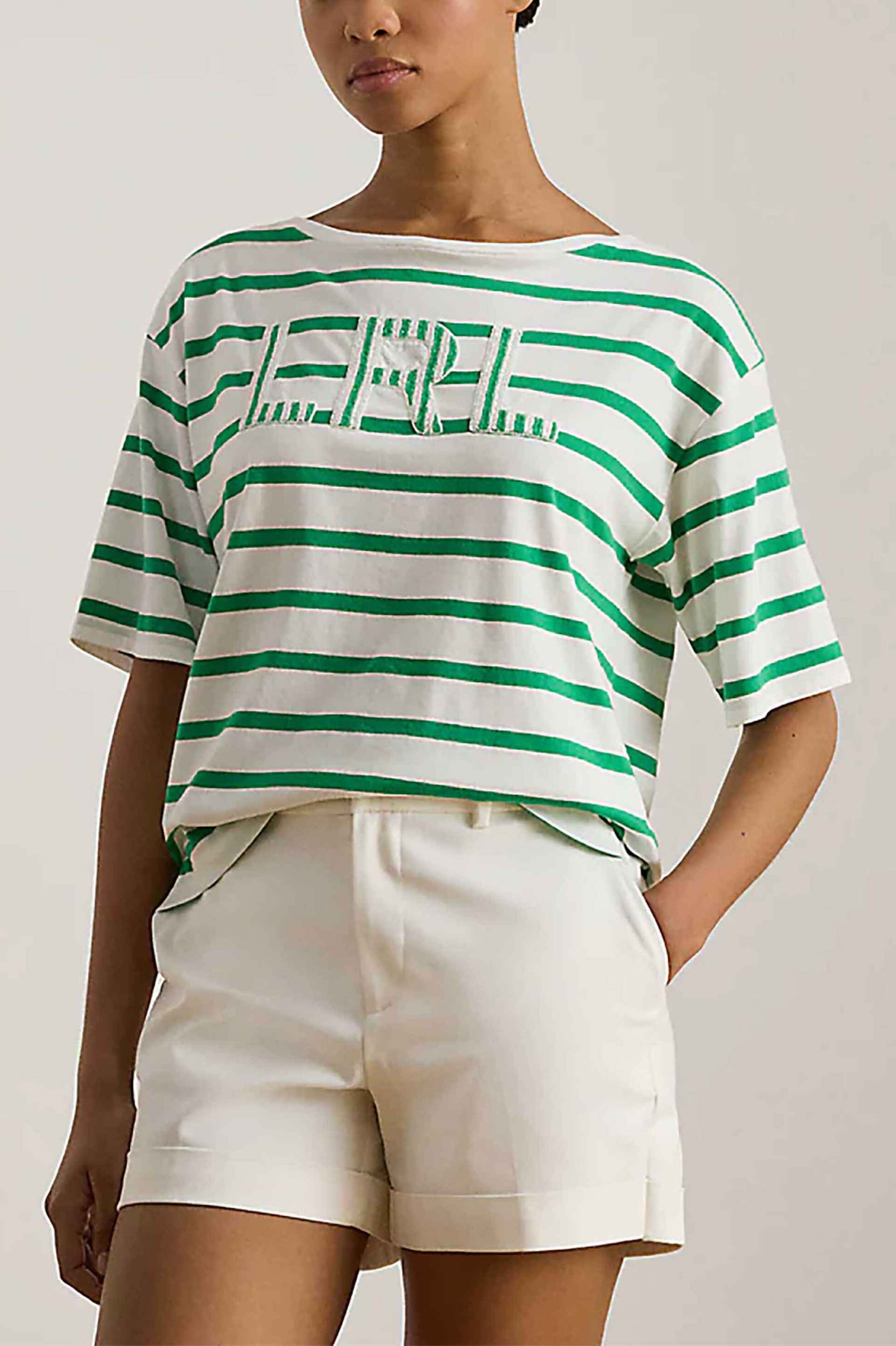 Lauren Ralph Lauren γυναικείο T-shirt με ριγέ σχέδιο και monogram Relaxed Boxy Fit - 200P03752001 Πράσινο