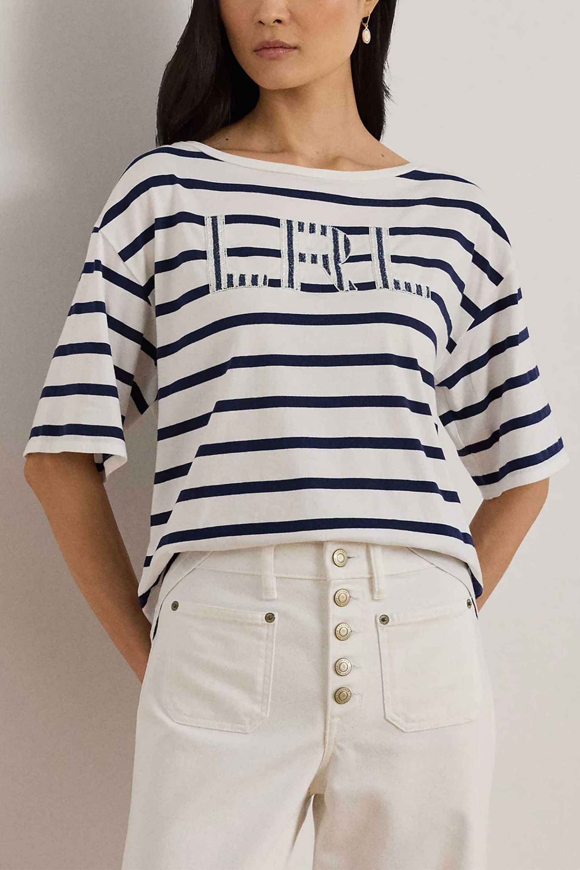 Lauren Ralph Lauren γυναικείο T-shirt με ριγέ σχέδιο και monogram Relaxed Boxy Fit - 200P03752002 Λευκό