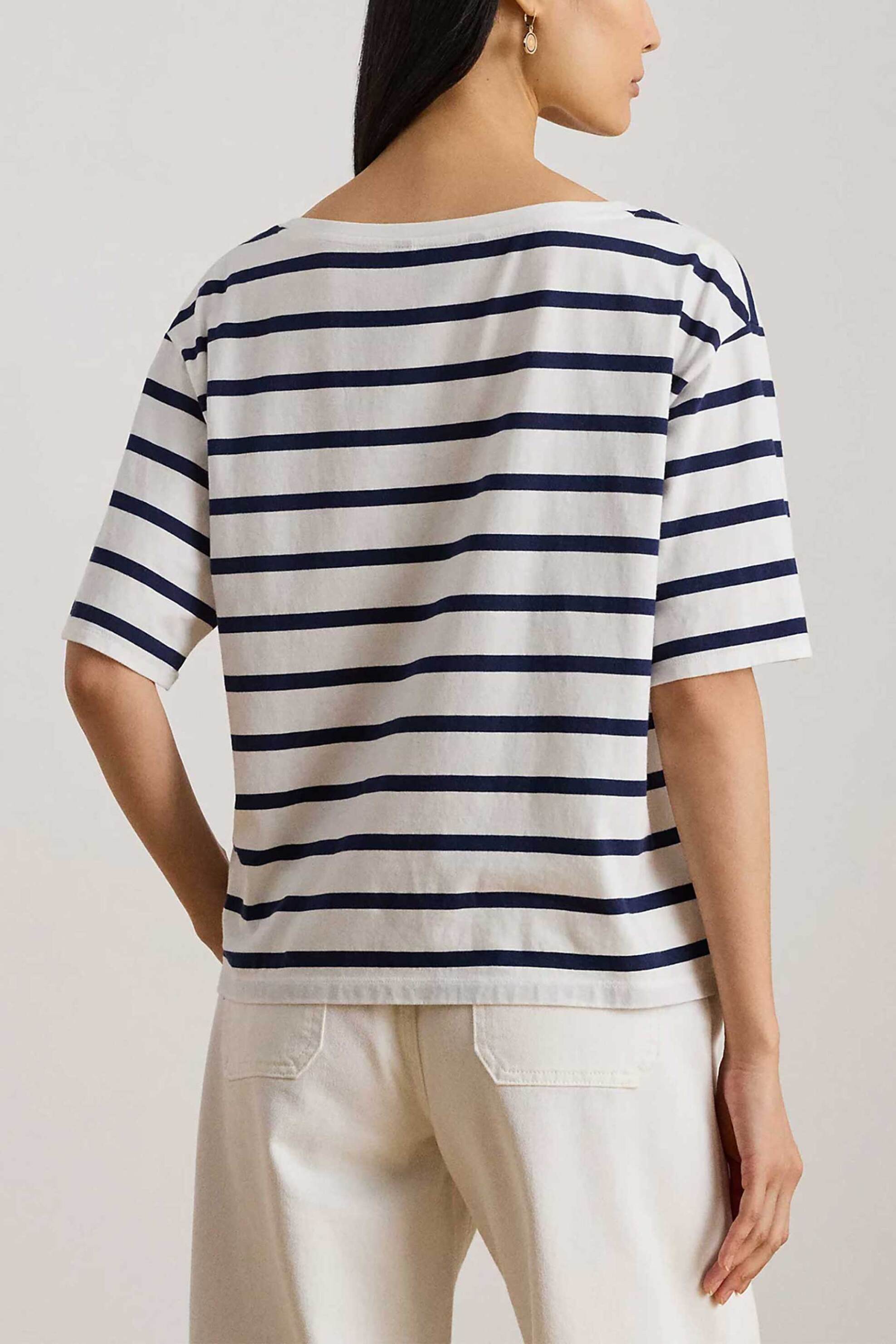 Lauren Ralph Γυναικείο T-Shirt με Ριγέ Σχέδιο Και Monogram Relaxed Boxy Fit - 200P03752002 Λευκό