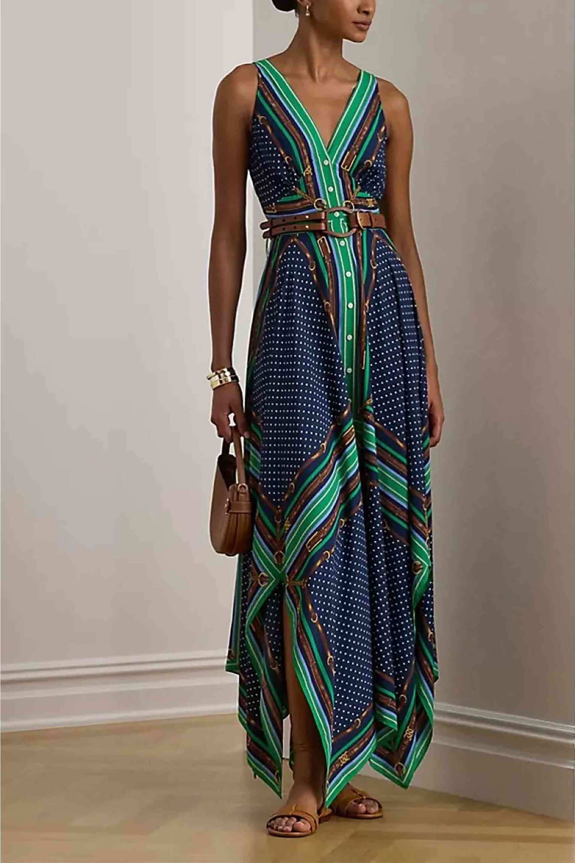 Lauren Ralph Lauren γυναικείο maxi φόρεμα αμάνικο σεμιζιέ με all-over print A-line - 200P08108001 Μπλε Σκούρο