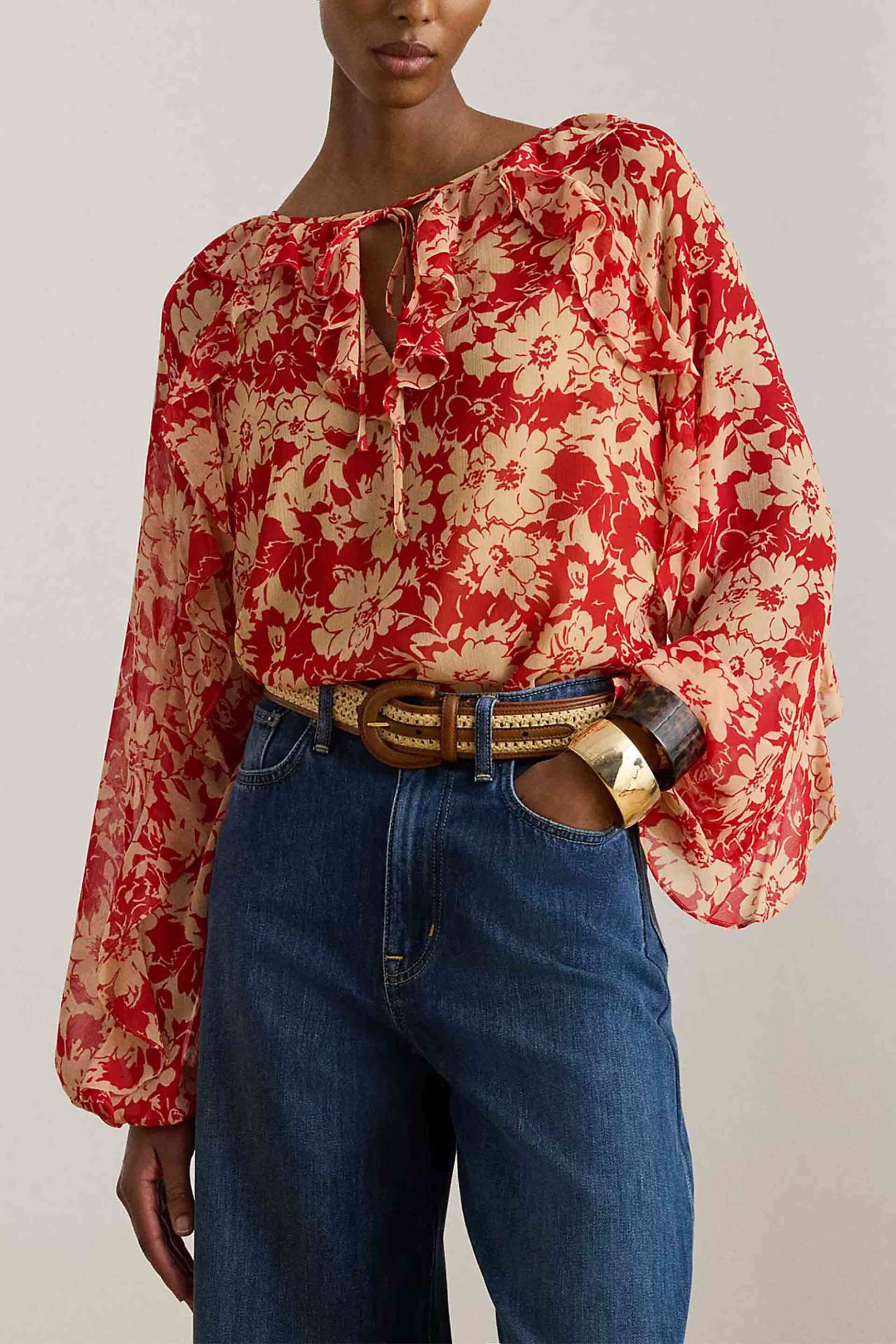 Lauren Ralph Lauren γυναικεία μπλούζα με floral print και βολάν Relaxed Fit - 200P08670001 Κόκκινο