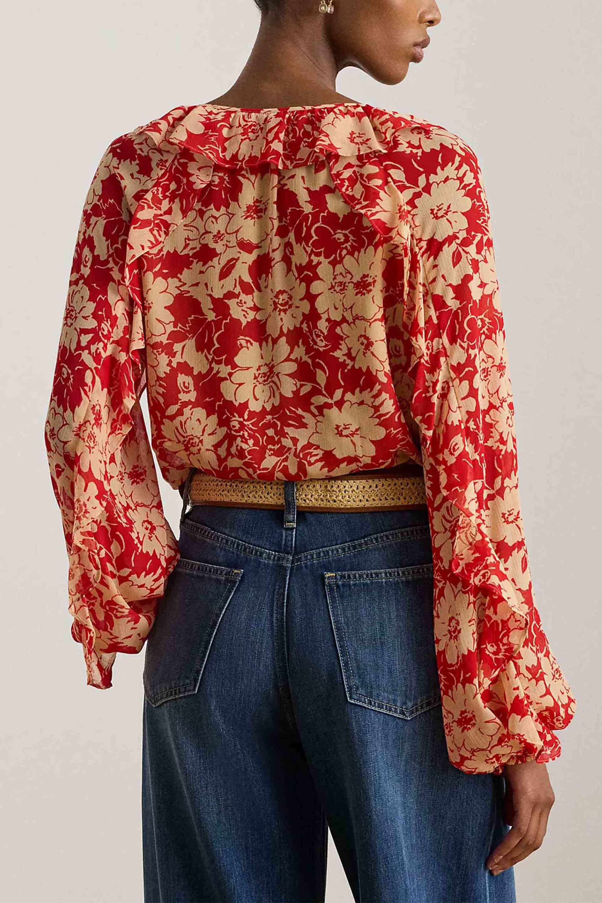 Lauren Ralph Γυναικεία Μπλούζα με Floral Print Και Βολάν Relaxed Fit - 200P08670001 Κόκκινο