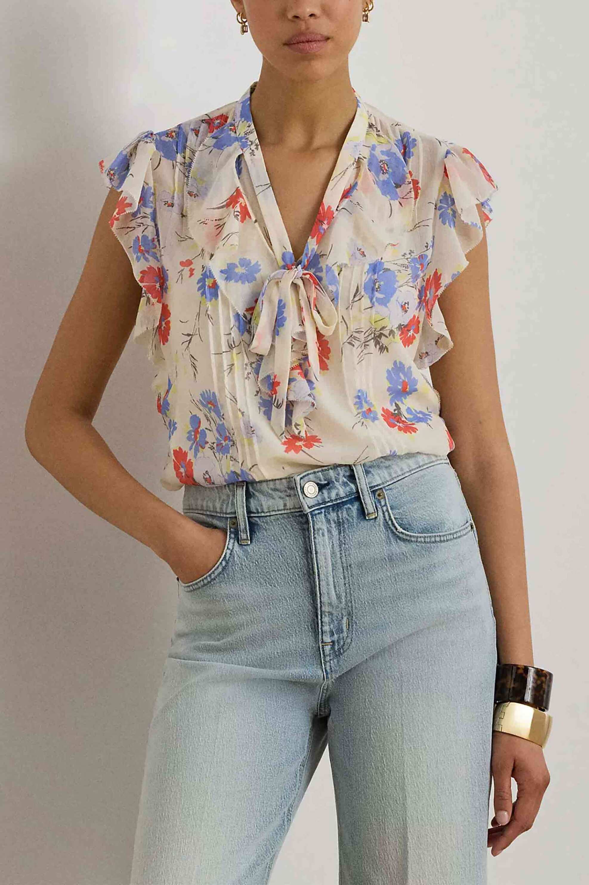 Lauren Ralph Lauren γυναικεία μπλούζα με floral print και βολάν Relaxed Fit - 200P08687001 Κρέμ