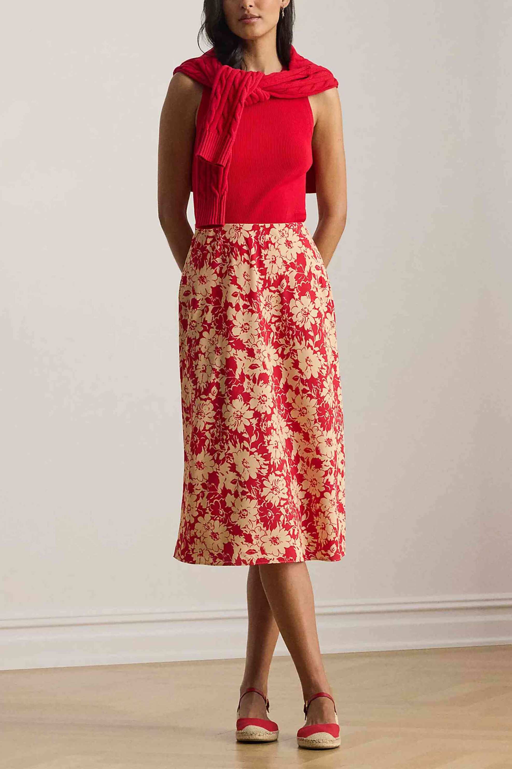 Lauren Ralph Lauren γυναικεία midi φούστα με ελαστική μέση και floral print A-line - 200P08689001 Κόκκινο