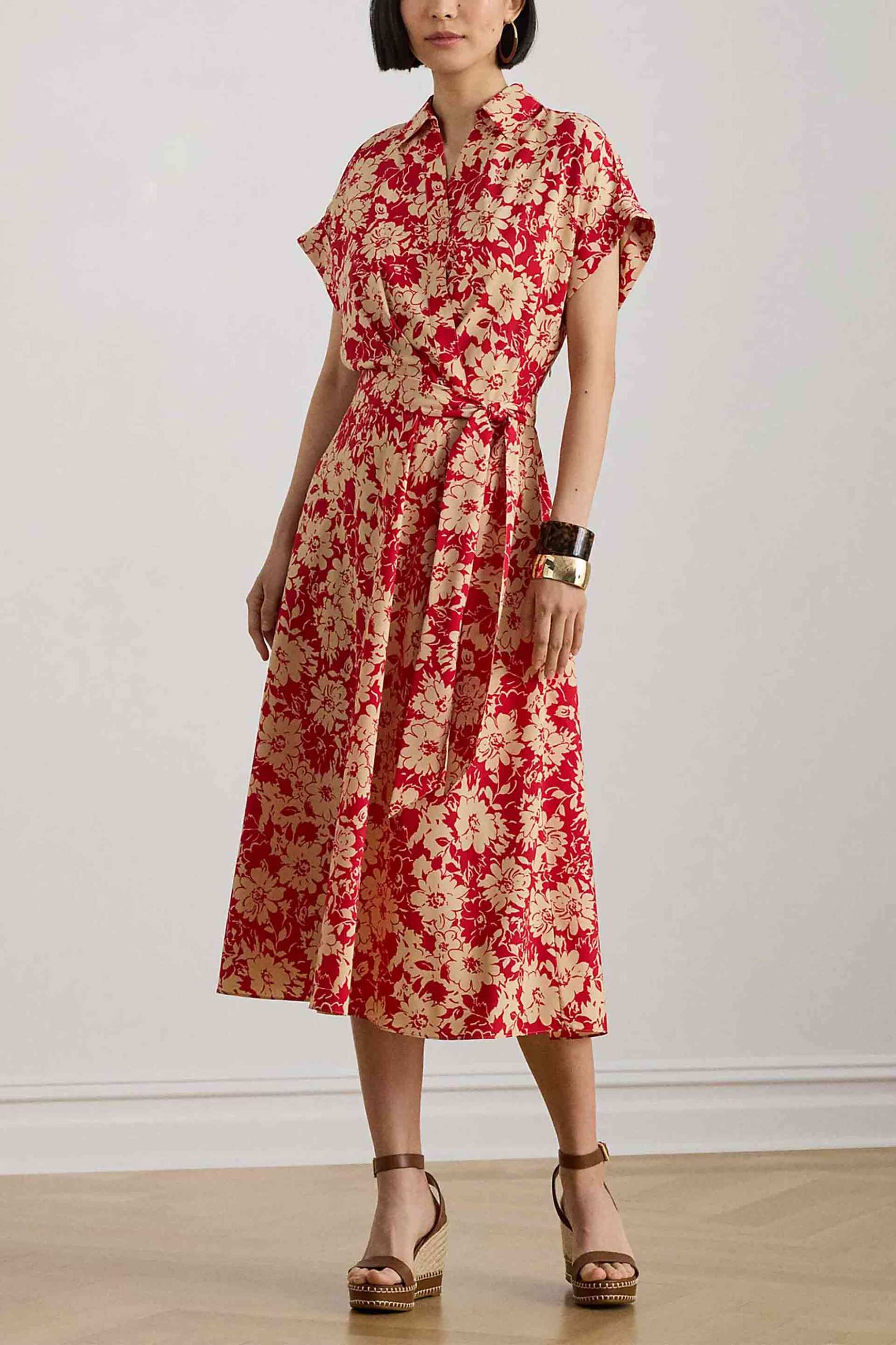 Lauren Ralph Lauren γυναικείο midi φόρεμα κρουαζέ με floral print και ζώνη A-line - 200P08692001 Κόκκινο