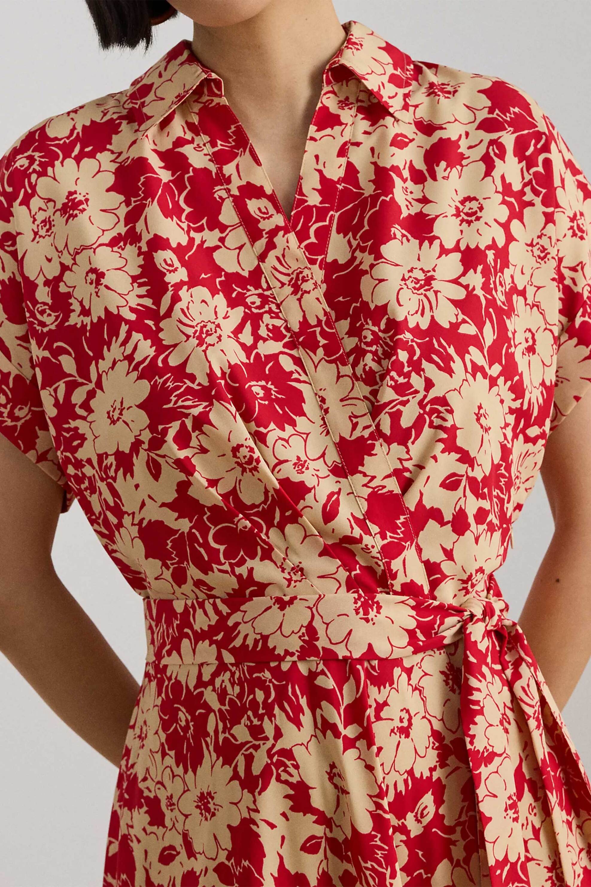 Lauren Ralph Γυναικείο Midi Φόρεμα Κρουαζέ με Floral Print Και Ζώνη A-Line - 200P08692001 Κόκκινο