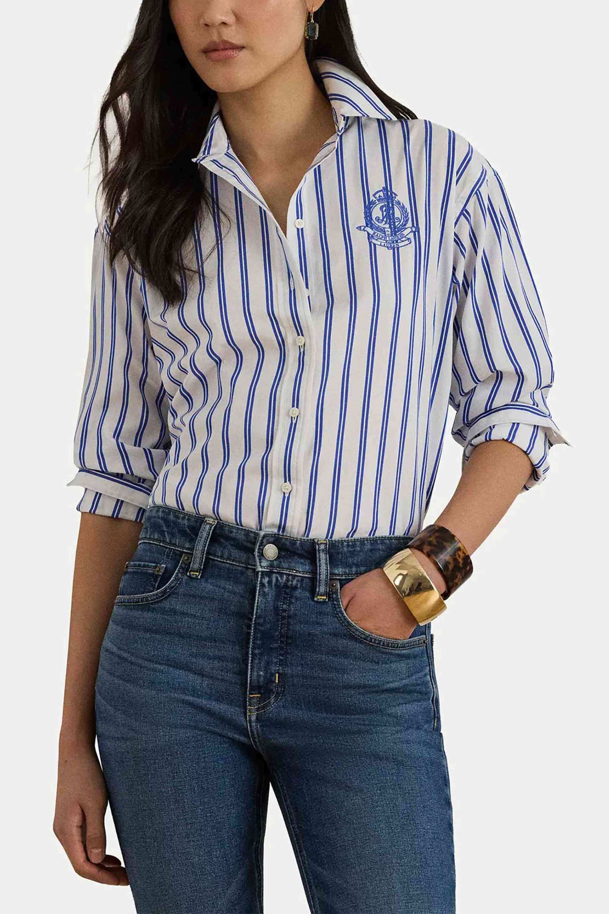 Lauren Ralph Lauren γυναικείο πουκάμισο με ριγέ σχέδιο και κεντημένο λογότυπο Relaxed Fit - 200P08746001 Λευκό - Μπλε