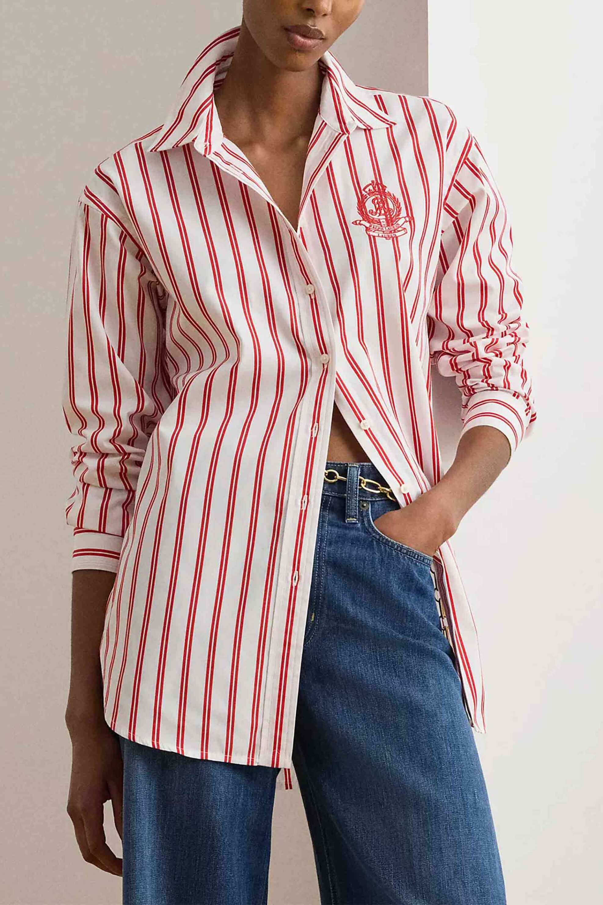Lauren Ralph Lauren γυναικείο πουκάμισο με ριγέ σχέδιο και κεντημένο λογότυπο Relaxed Fit - 200P08746002 Κόκκινο