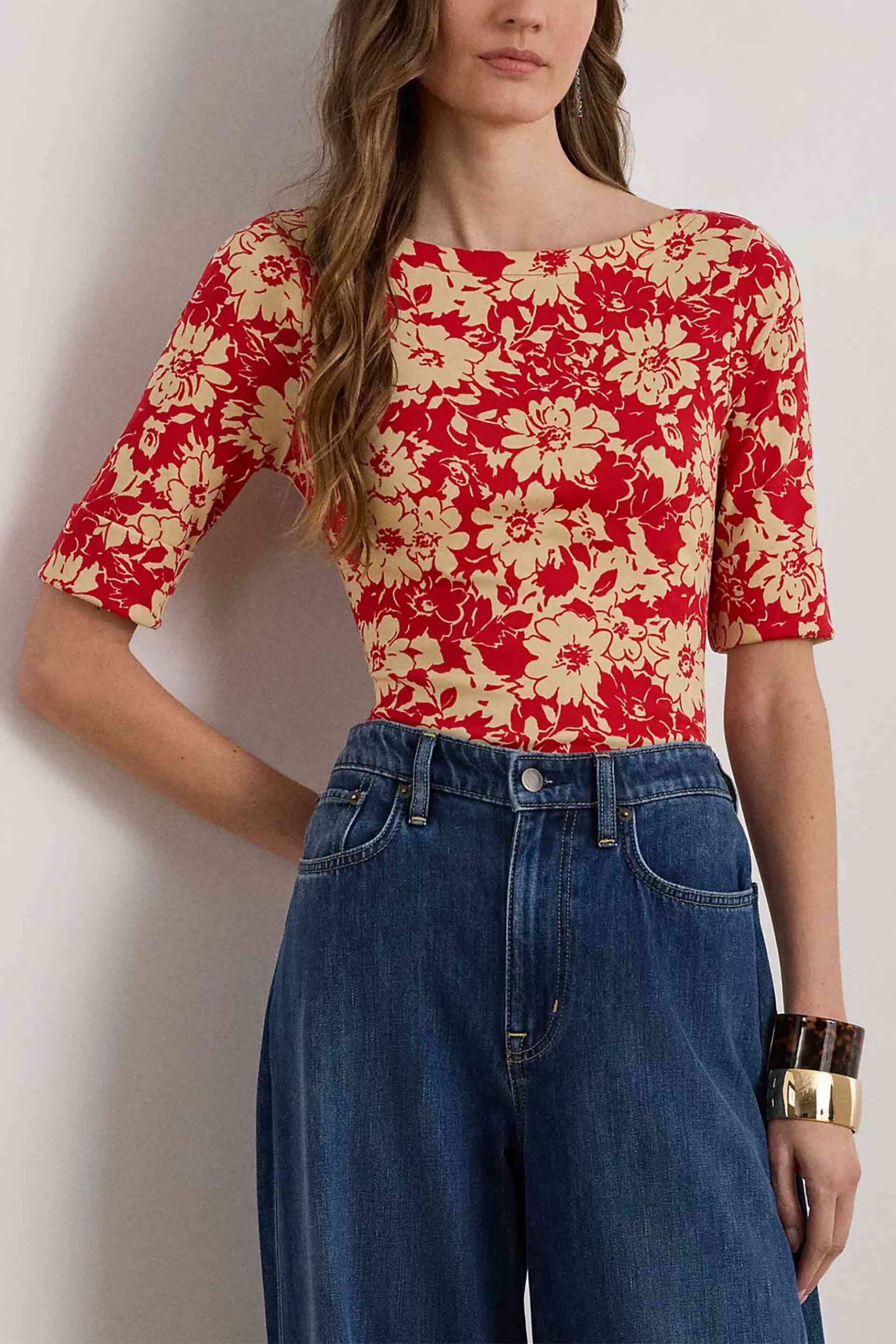 Lauren Ralph Lauren γυναικεία μπλούζα με floral print και boat λαιμόκοψη Slim Fit - 200P09078001 Κόκκινο