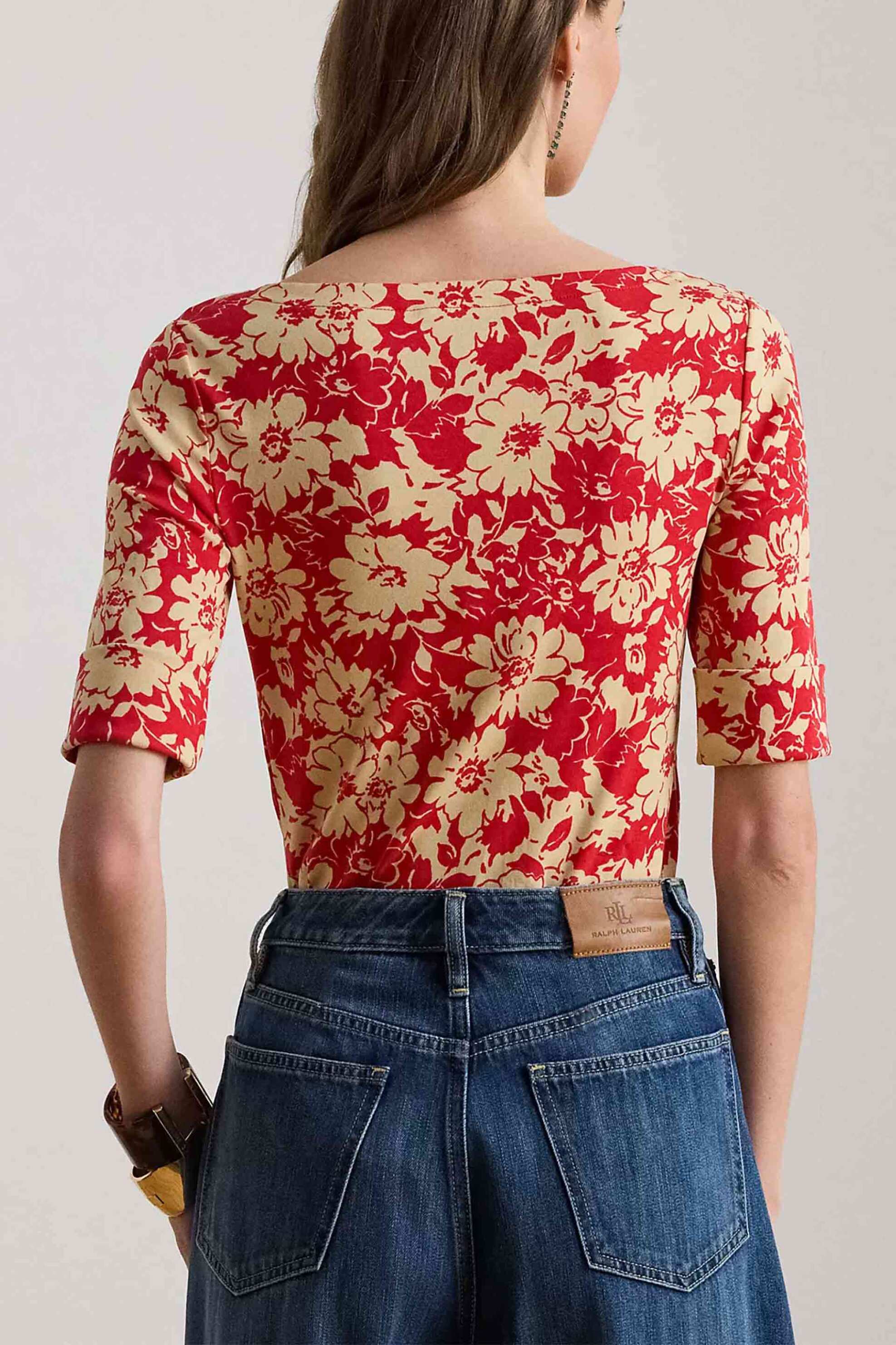 Lauren Ralph Γυναικεία Μπλούζα με Floral Print Και Boat Λαιμόκοψη Slim Fit - 200P09078001 Κόκκινο