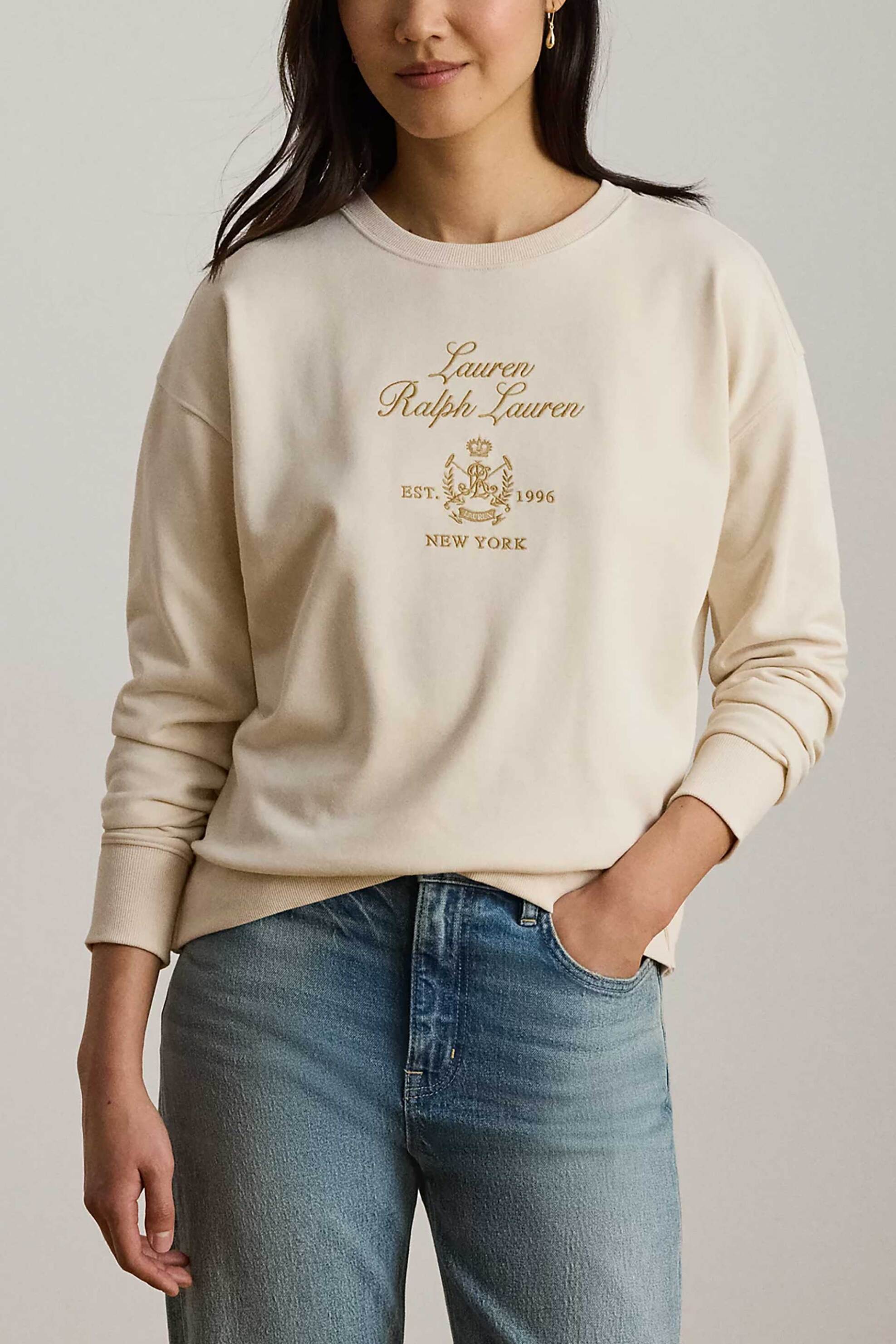 Lauren Ralph Lauren γυναικεία μπλούζα φούτερ με κέντημα Relaxed Fit - 200P13944002 Εκρού