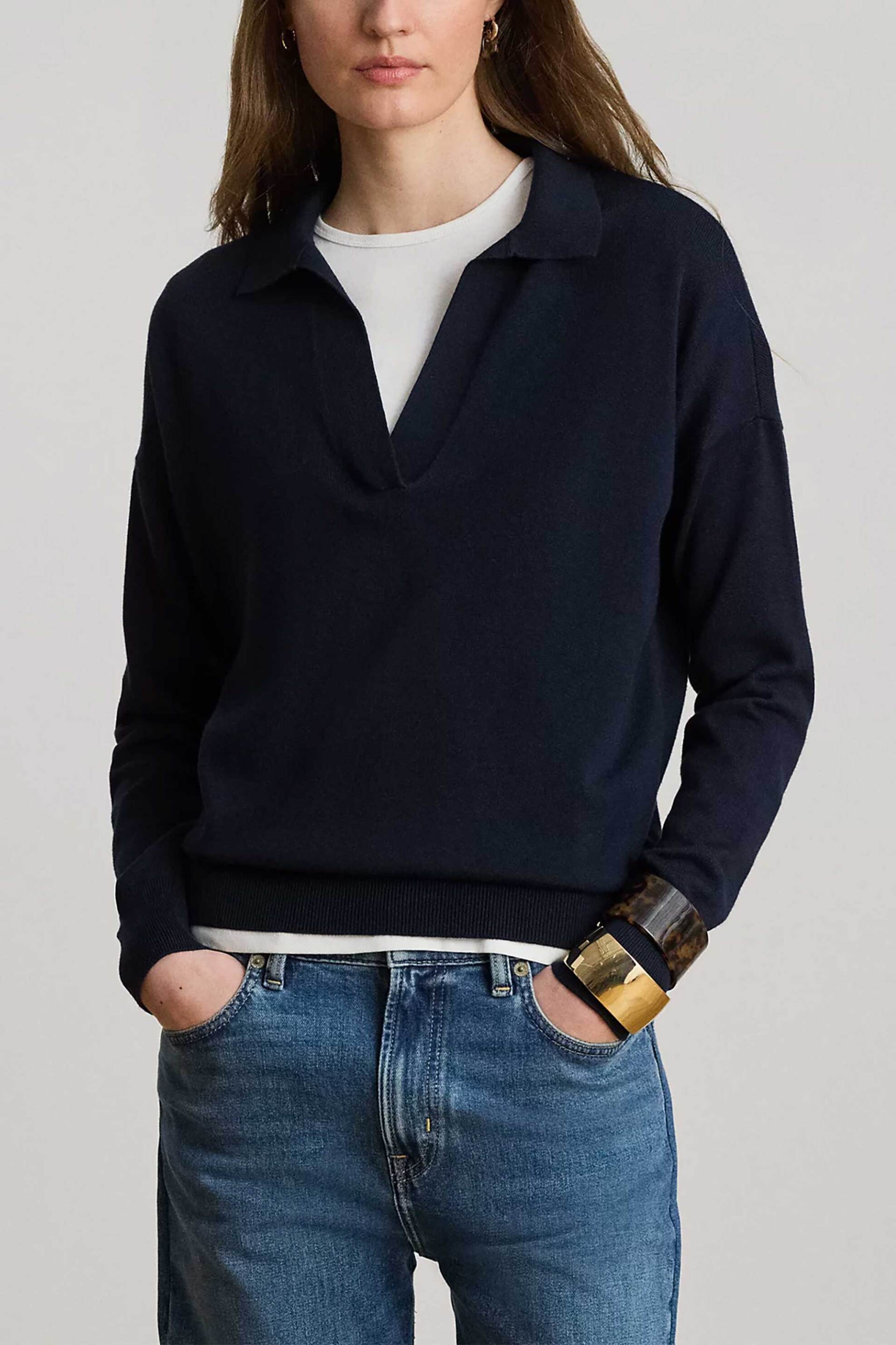 LAUREN RALPH LAUREN Lauren Ralph Lauren γυναικεία μπλούζα πλεκτή με πόλο γιακά - 200P14056003 Μπλε Σκούρο
