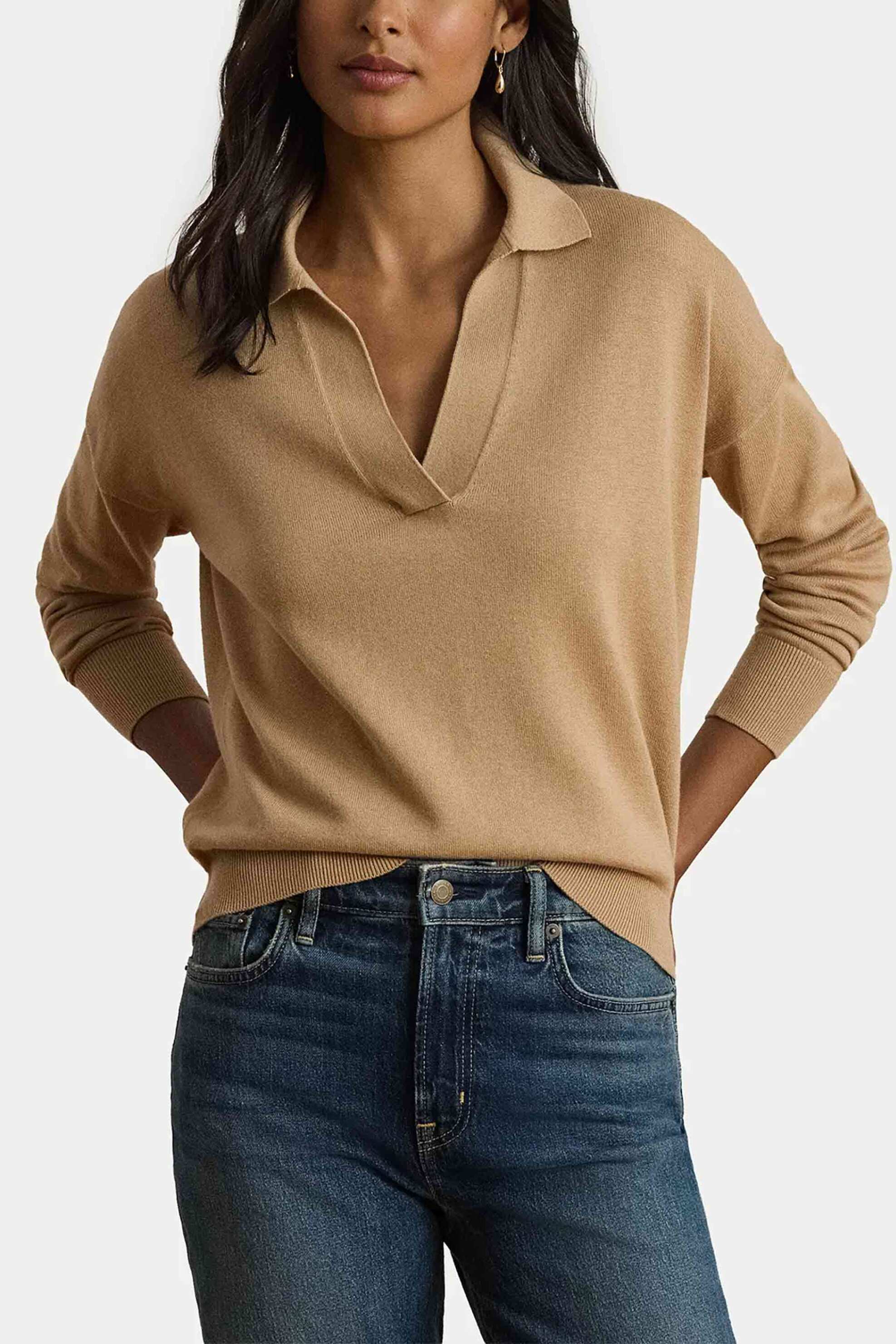LAUREN RALPH LAUREN Lauren Ralph Lauren γυναικεία μπλούζα πλεκτή με πόλο γιακά - 200P14056004 Μπεζ