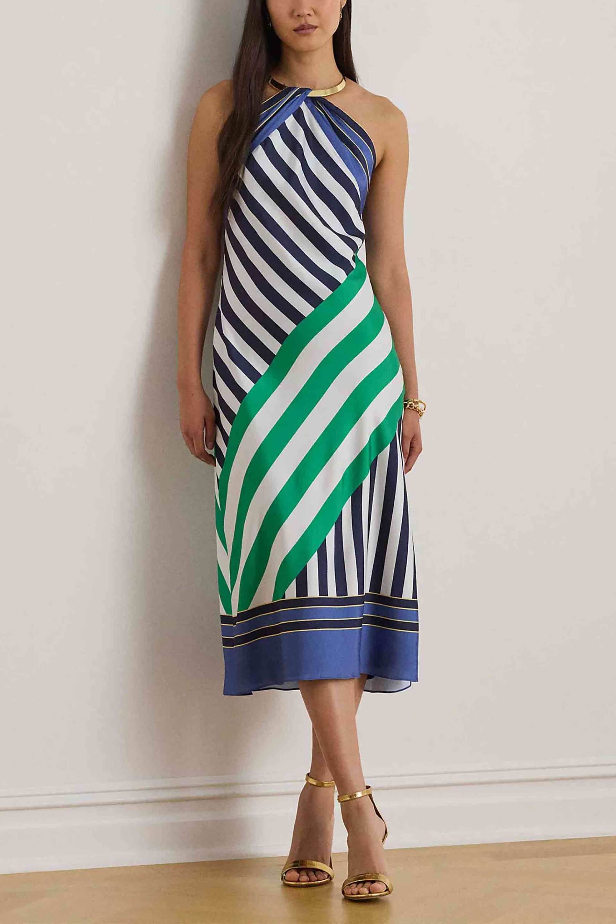 Lauren Ralph Lauren γυναικείο midi φόρεμα αμάνικο colour-blocked με ριγέ σχέδιο - 253P08328001 Λευκό - Μπλε