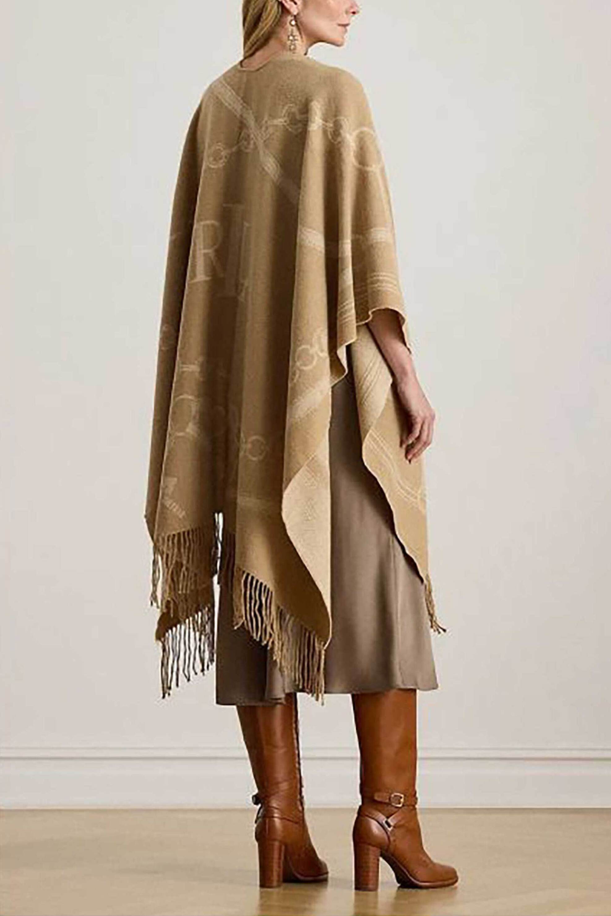 Lauren Ralph Lauren γυναικεία πλεκτή κάπα με σχέδιο και κρόσσια - 454P04529002 Καμηλό φωτογραφία