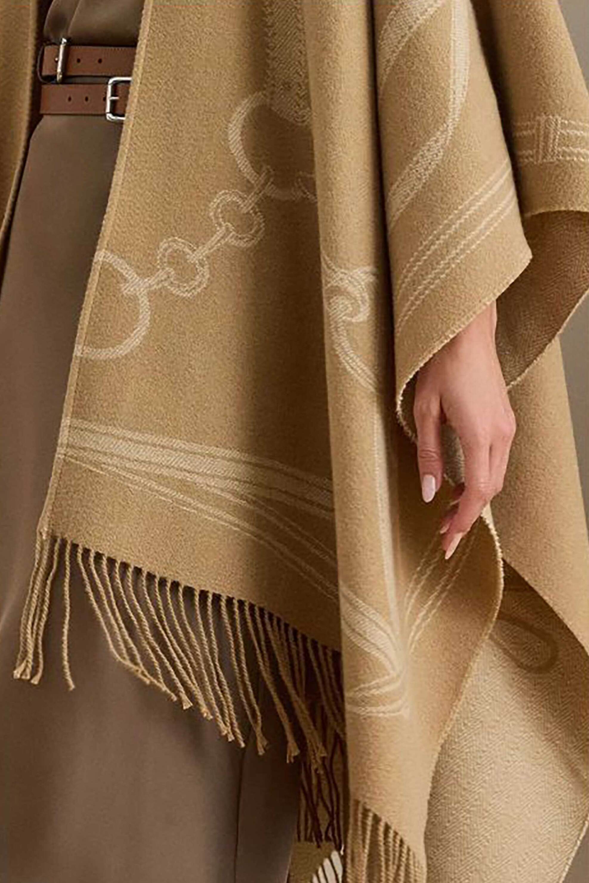 Lauren Ralph Lauren γυναικεία πλεκτή κάπα με σχέδιο και κρόσσια - 454P04529002 Καμηλό φωτογραφία