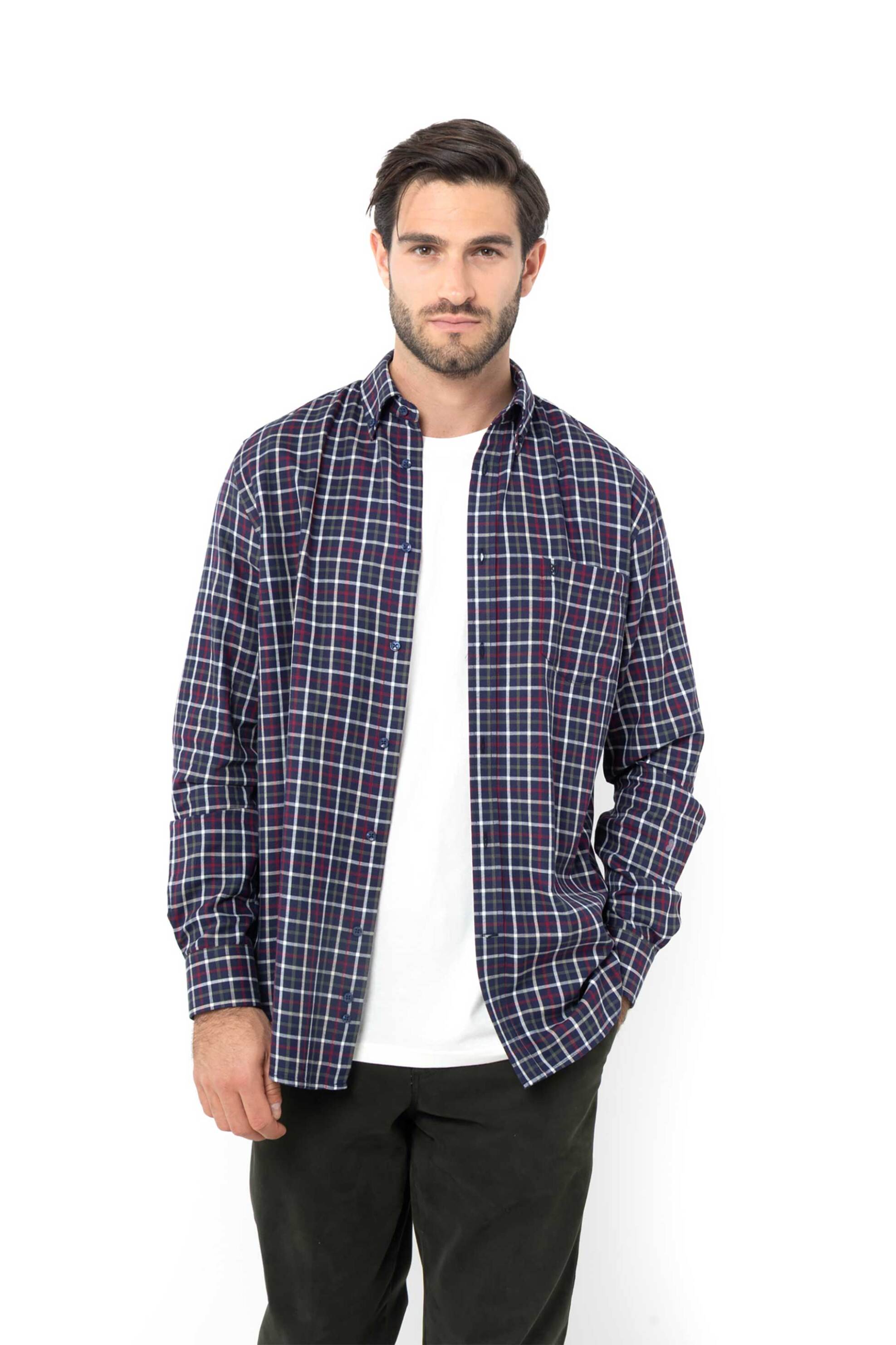 The Bostonians ανδρικό πουκάμισο flannel button down με καρό σχέδιο και τσέπη με κεντημένο λογότυπο Regular Fit "Copley" - AACH8611 Μπλε Σκούρο