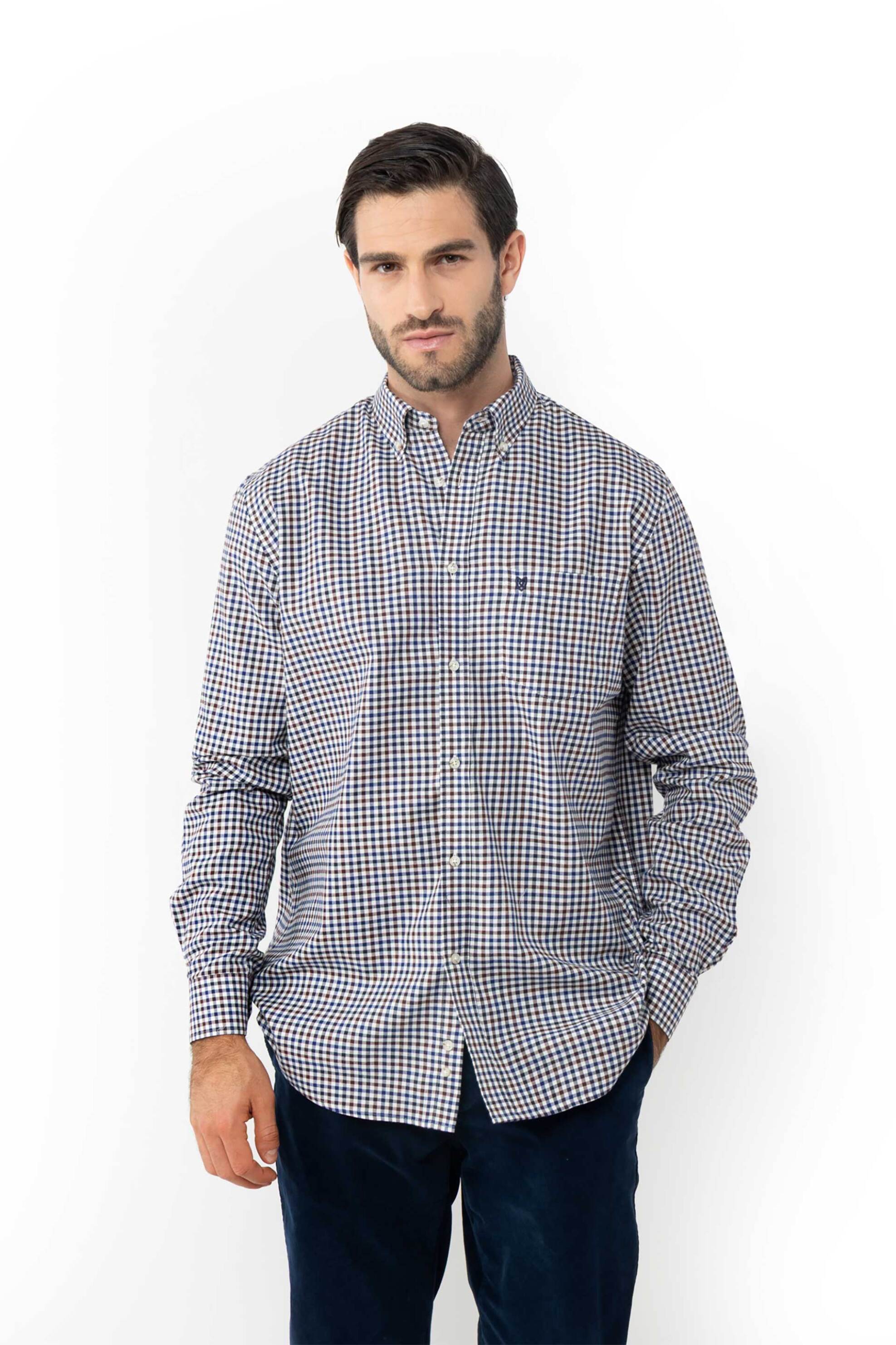 The Bostonians ανδρικό πουκάμισο button down με καρό σχέδιο και τσέπη με κεντημένο λογότυπο Regular Fit "Maverick Twill" - AACH8629 Καφέ