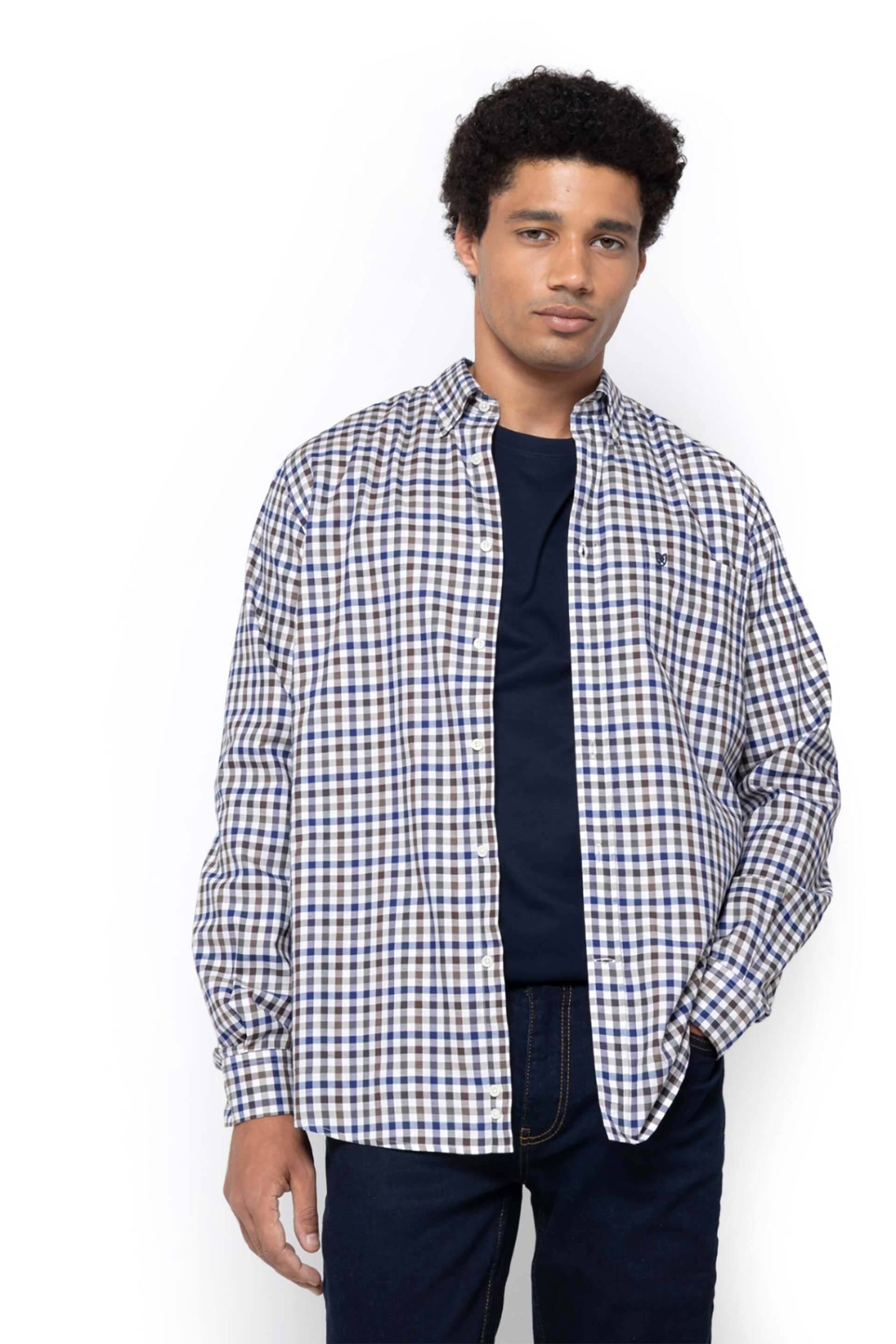 The Bostonians ανδρικό πουκάμισο twill button down με καρό σχέδιο και τσέπη με κεντημένο λογότυπο Regular Fit "Maverick" - AACH8630 Καφέ