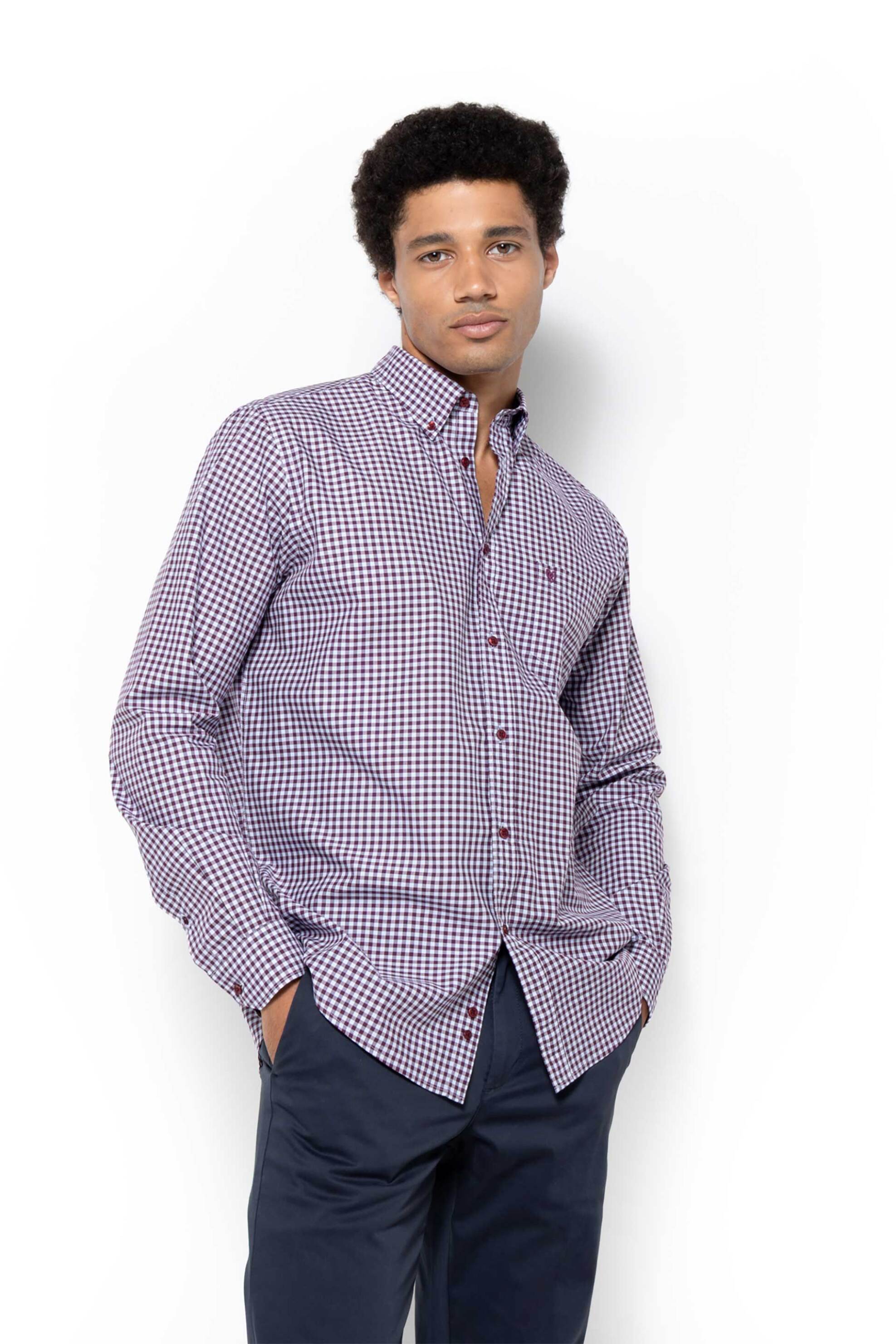 The Bostonians ανδρικό πουκάμισο poplin button down με καρό σχέδιο και τσέπη με κεντημένο λογότυπο Regular Fit "Chester" - AACH8633 Μπορντό