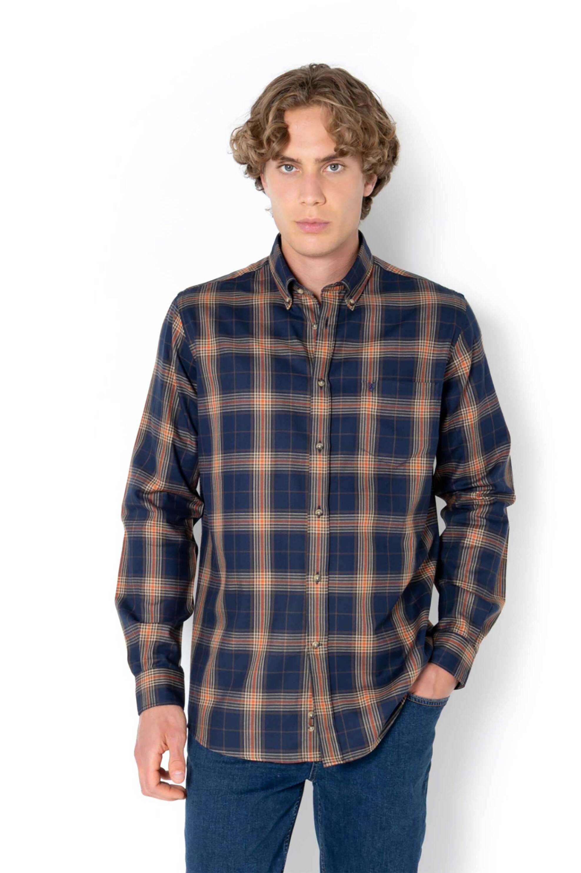 The Bostonians ανδρικό πουκάμισο flannel button down με καρό σχέδιο και τσέπη με κεντημένο λογότυπο Regular Fit "Copley" - AACH8636 Μπλε Σκούρο