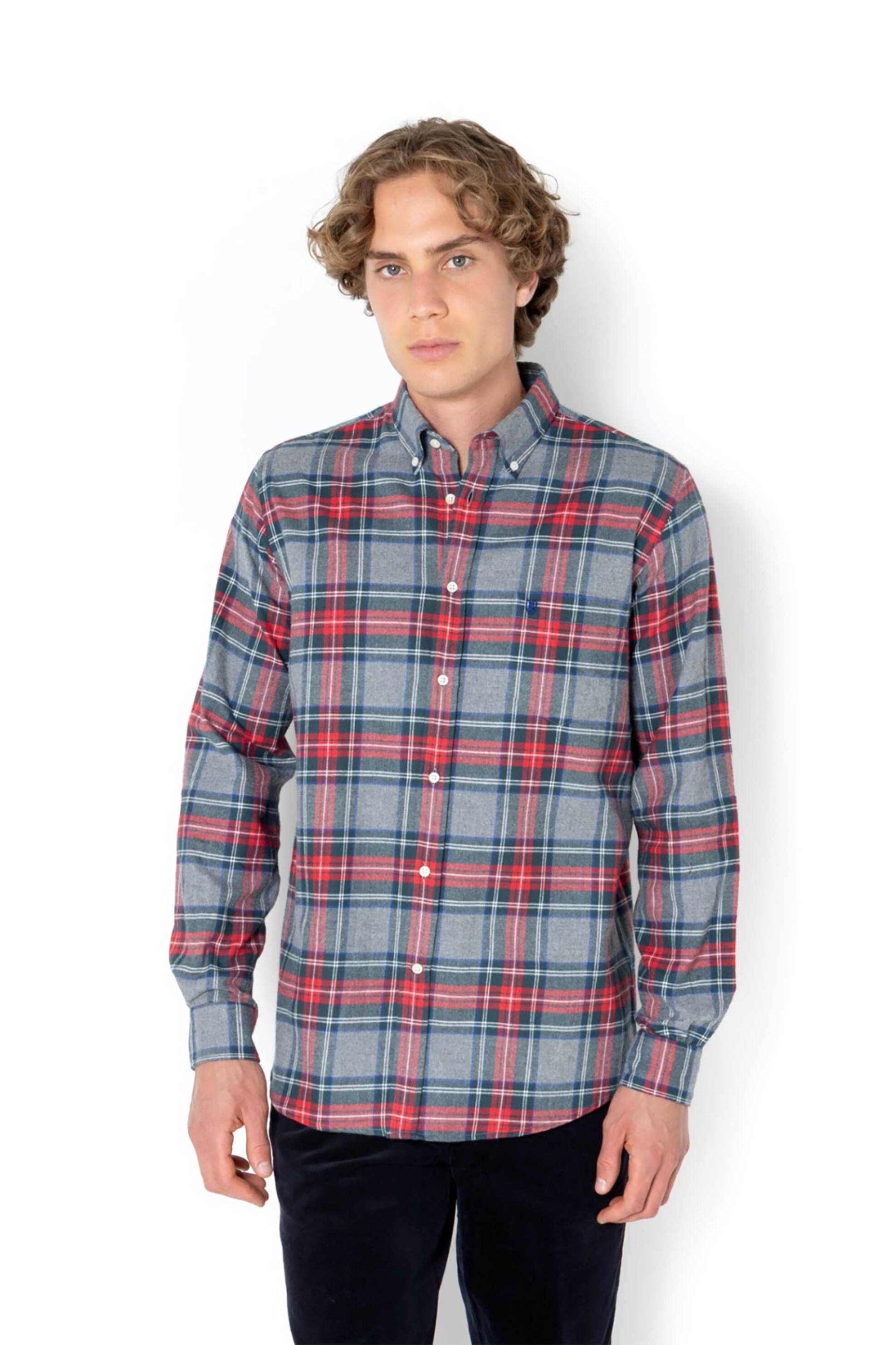 The Bostonians ανδρικό πουκάμισο flannel button down με καρό σχέδιο και τσέπη με κεντημένο λογότυπο Regular Fit "Copley" - AACH8637 Γκρι