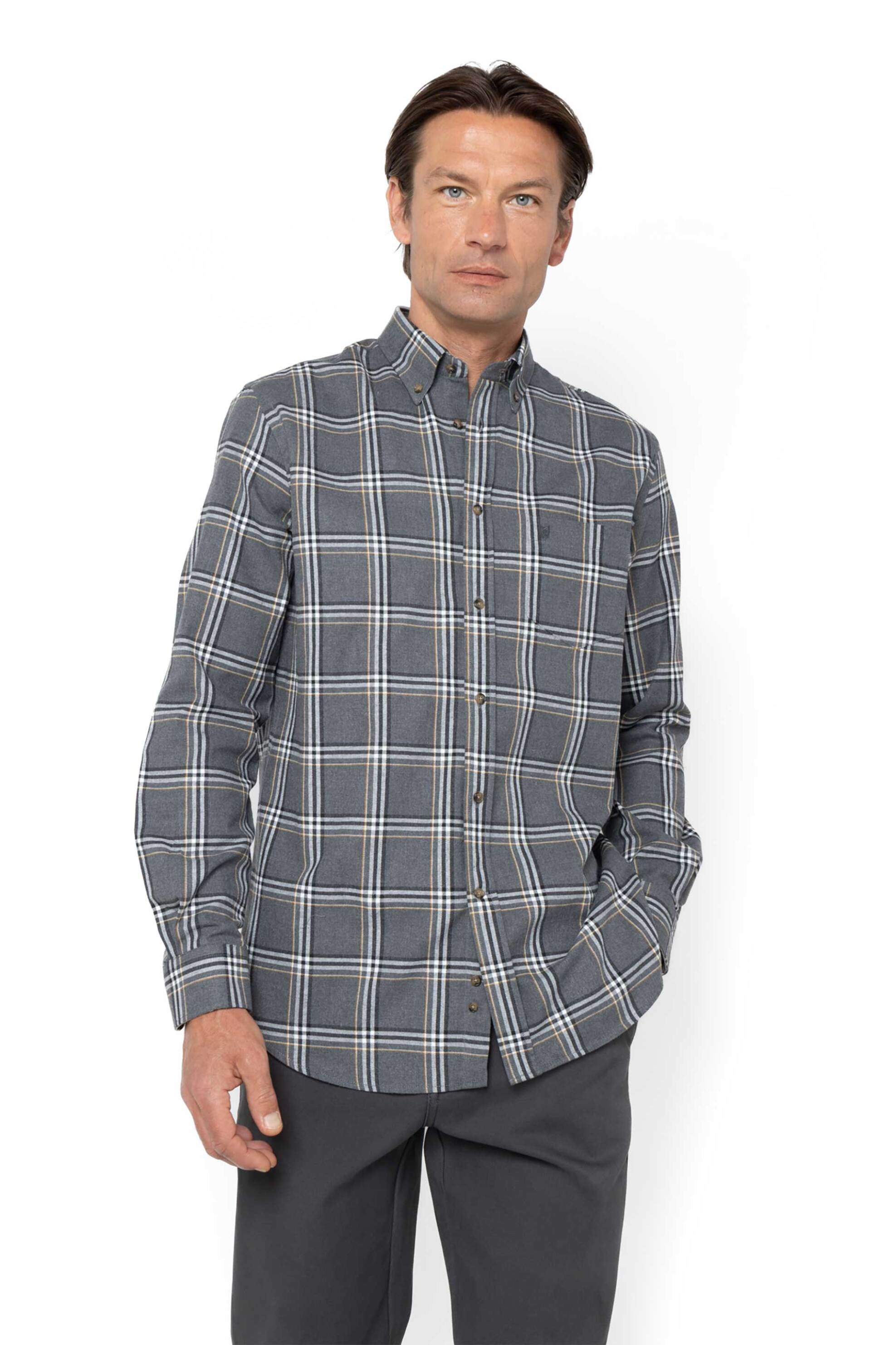 The Bostonians ανδρικό πουκάμισο flannel button down με καρό σχέδιο και τσέπη με κεντημένο λογότυπο Regular Fit "Copley" - AACH8644 Γκρι Σκούρο