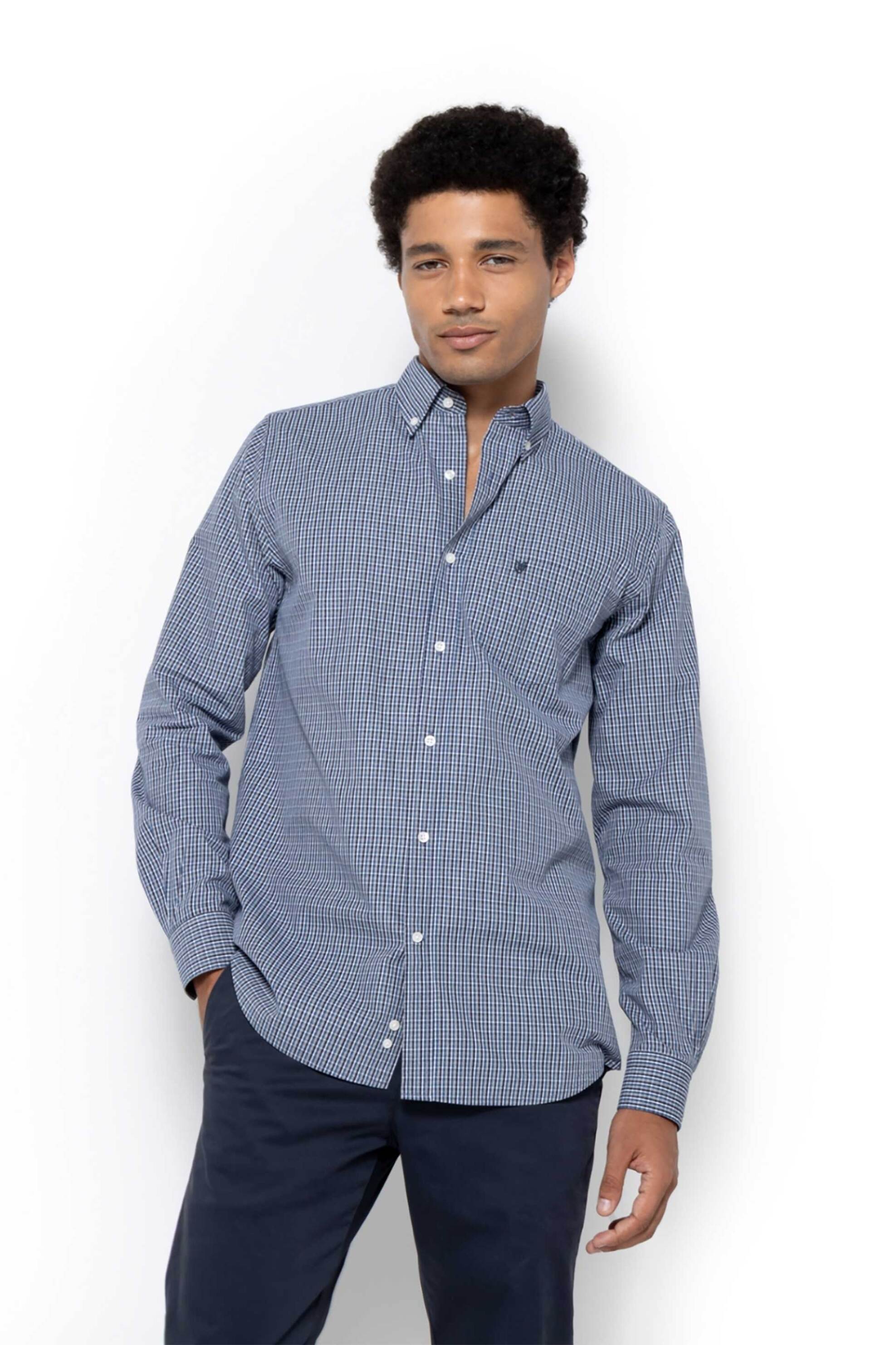 The Bostonians ανδρικό πουκάμισο button down με καρό σχέδιο και τσέπη με κεντημένο λογότυπο Regular Fit "Chester Poplin" - AACH8650 Μπλε Σκούρο