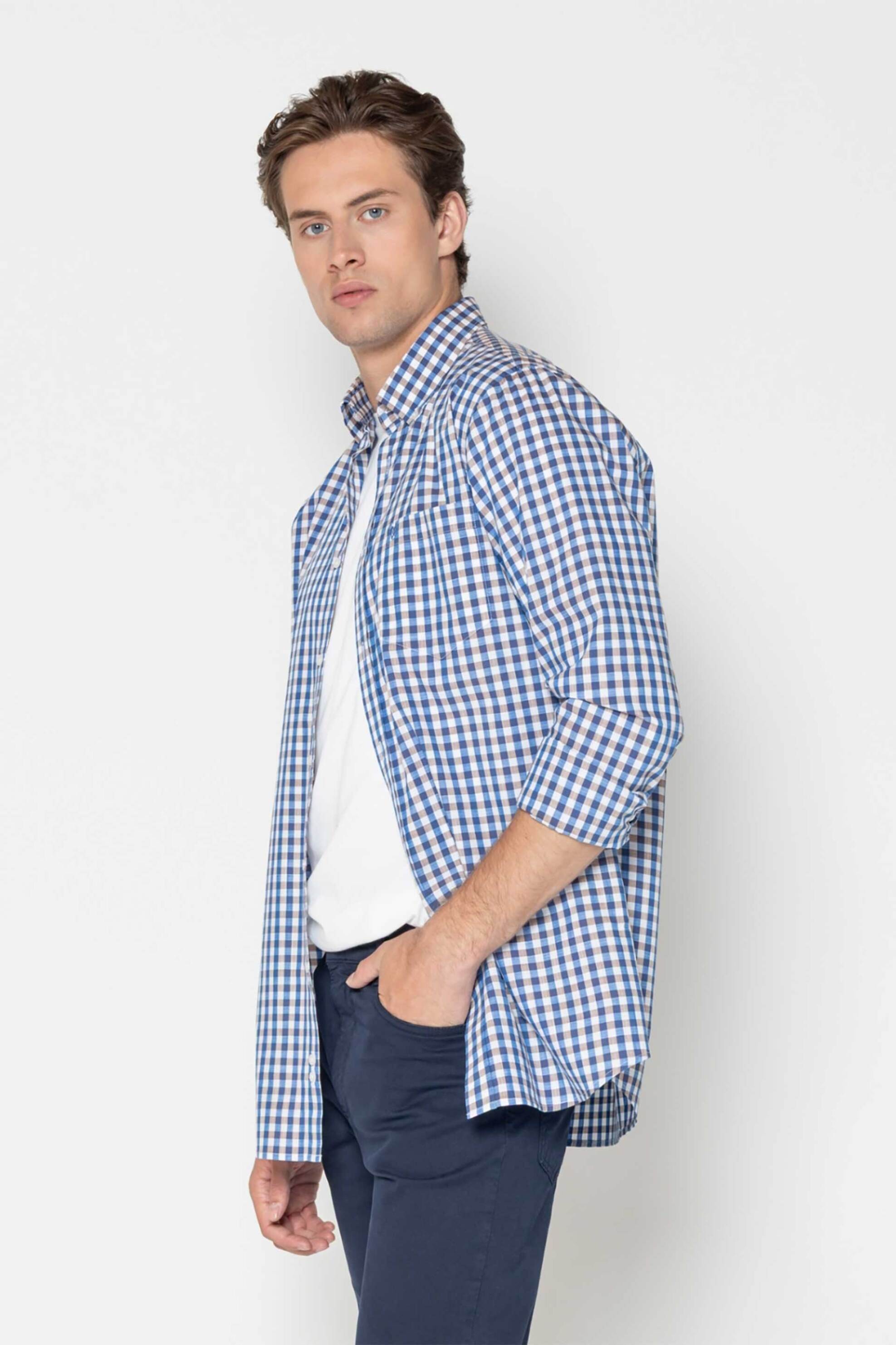 The Bostonians ανδρικό πουκάμισο button down με καρό σχέδιο και τσέπη με κεντημένο λογότυπο Regular Fit "Maverick" - AACH8654 Μπεζ φωτογραφία