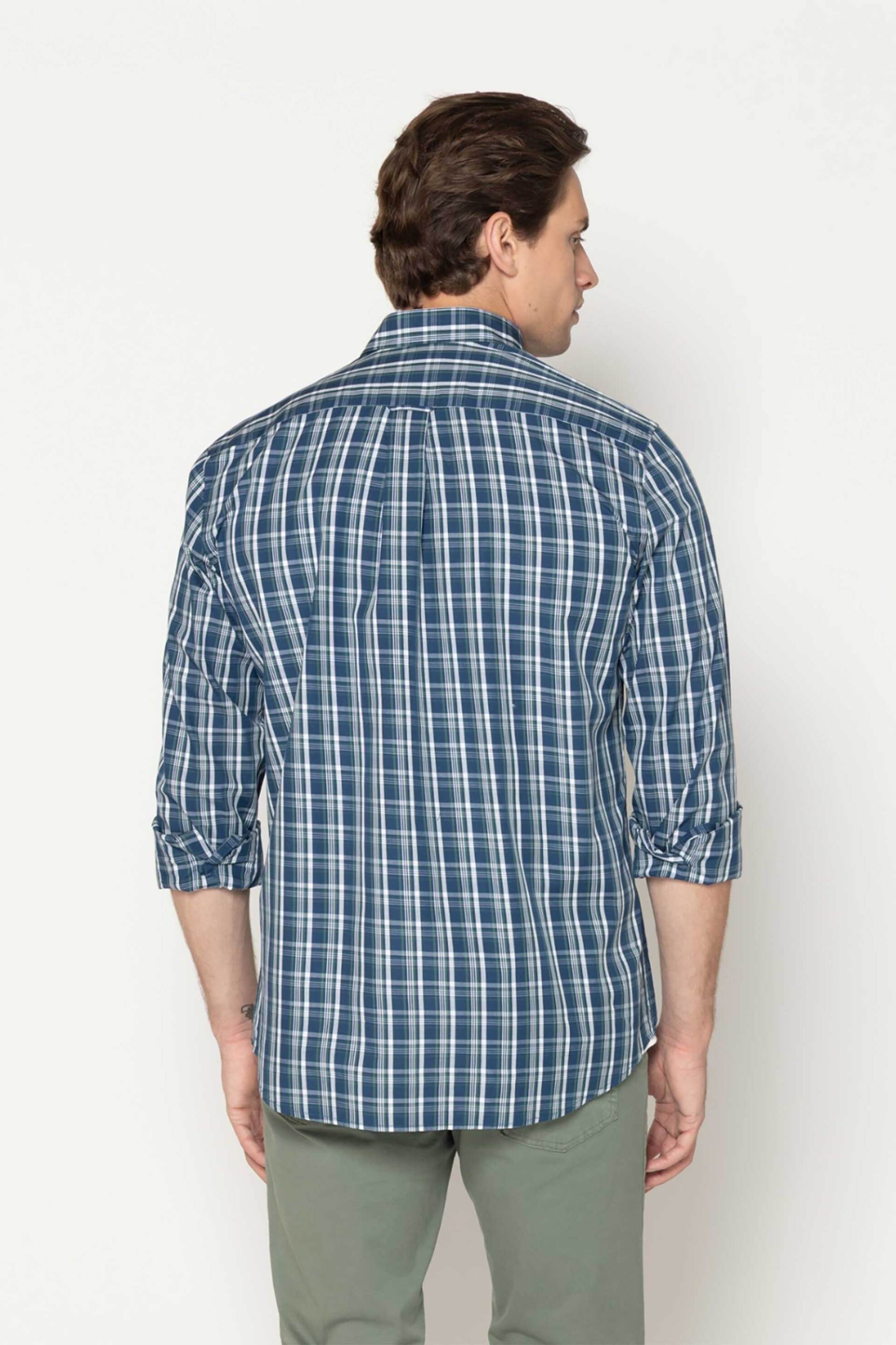 The Bostonians Ανδρικό Πουκάμισο Poplin Button Down με Καρό Σχέδιο Και Τσέπη Κεντημένο Λογότυπο Regular Fit Maverick - Aach8658 Μπλε