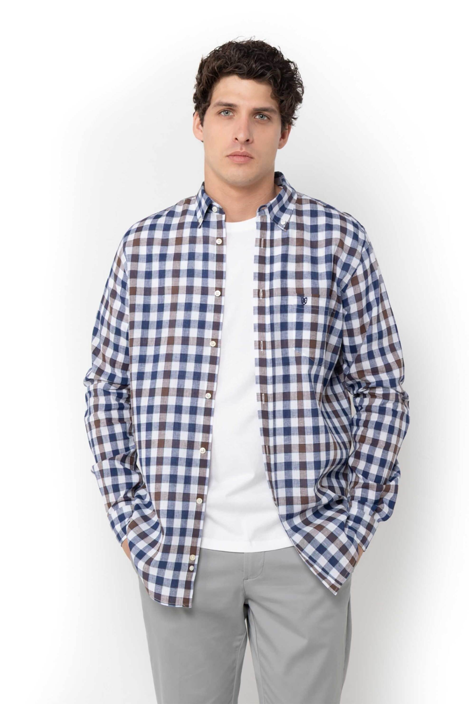 The Bostonians ανδρικό πουκάμισο button down με καρό σχέδιο και κεντημένο λογότυπο Regular Fit "Copley" - AACH8664 Καφέ