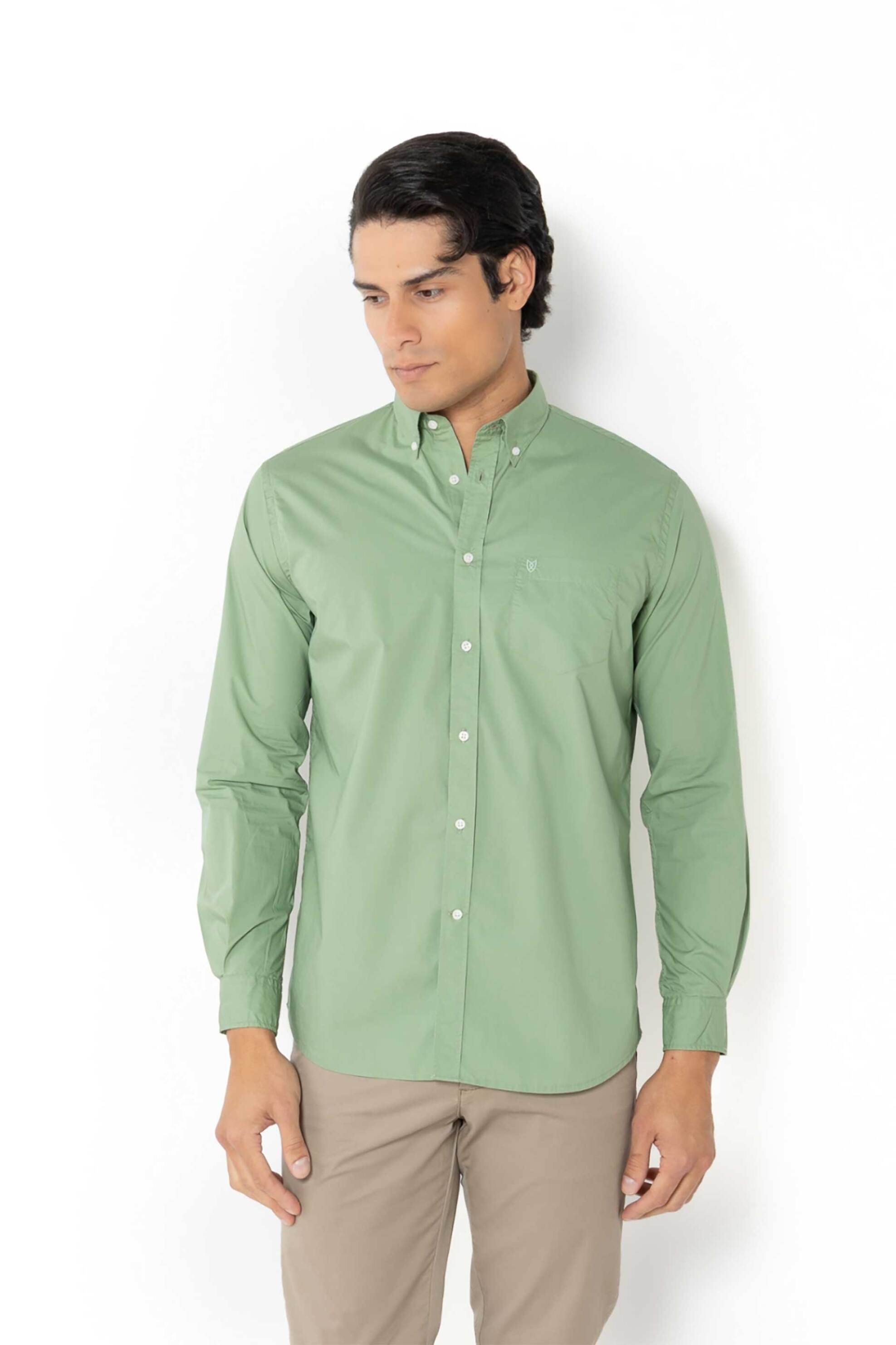 The Bostonians ανδρικό πουκάμισο button down μονόχρωμο με τσέπη και κεντημένο λογότυπο Regular Fit "Poplin" - AAP2062 Πράσινο Ανοιχτό