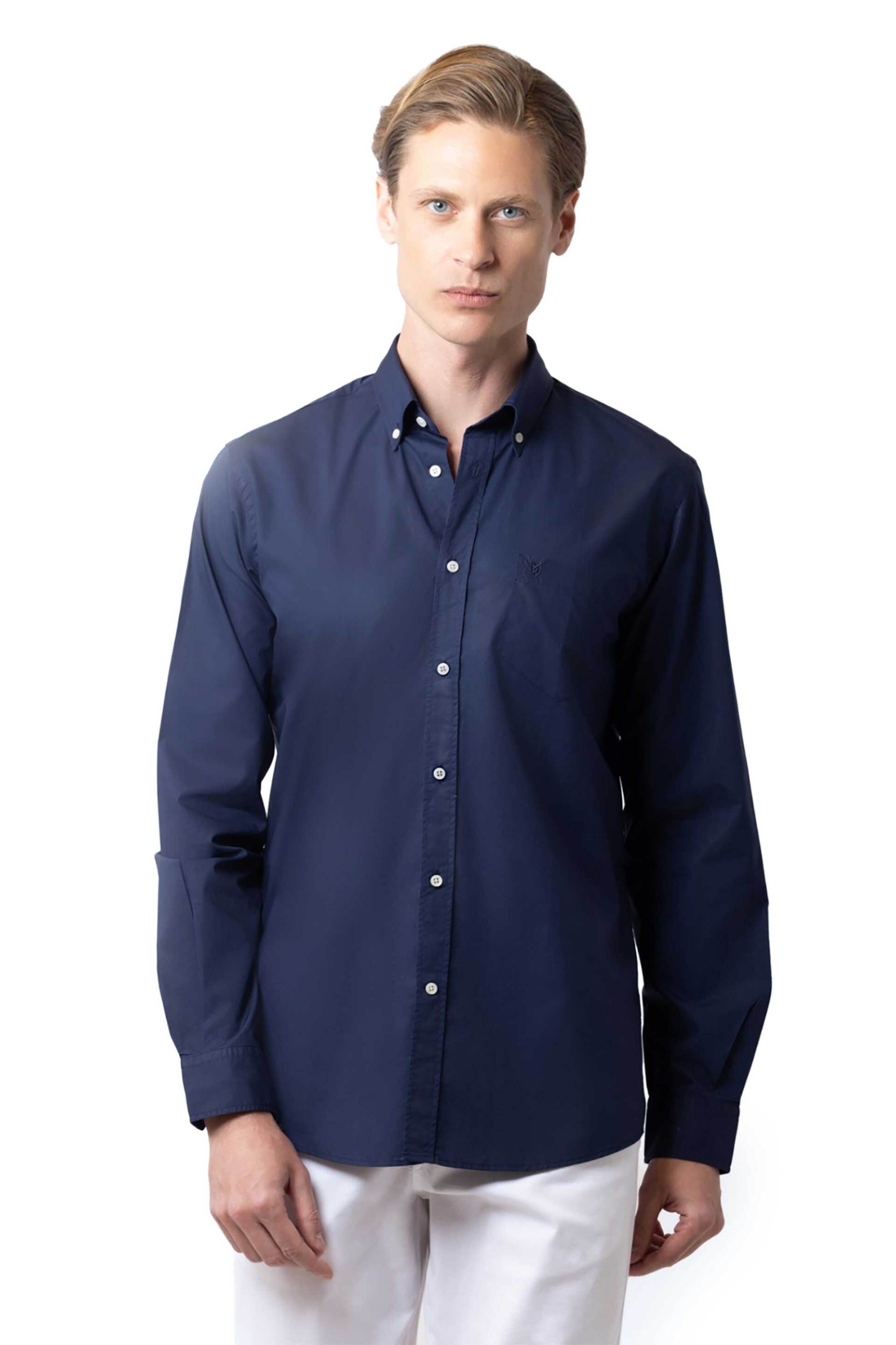 The Bostonians ανδρικό πουκάμισο button down μονόχρωμο με τσέπη και κεντημένο λογότυπο Regular Fit "Poplin" - AAP2062 Μπλε Σκούρο